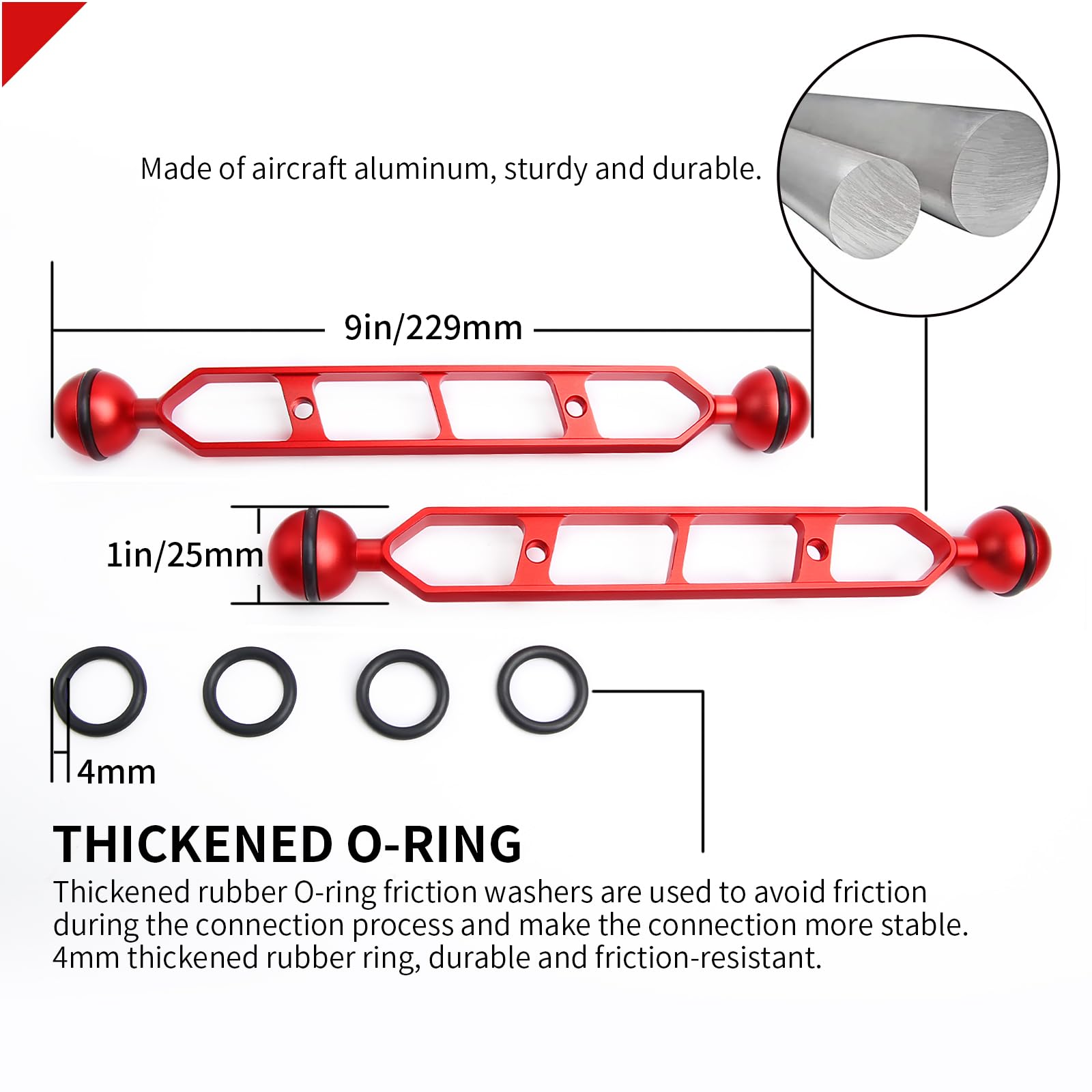 Bras d'extension en alliage d'aluminium à double bille 9" connecteur tête à bille 1" sous-marin pour stroboscope lumière vidéo plateau caméra plongée 2pack