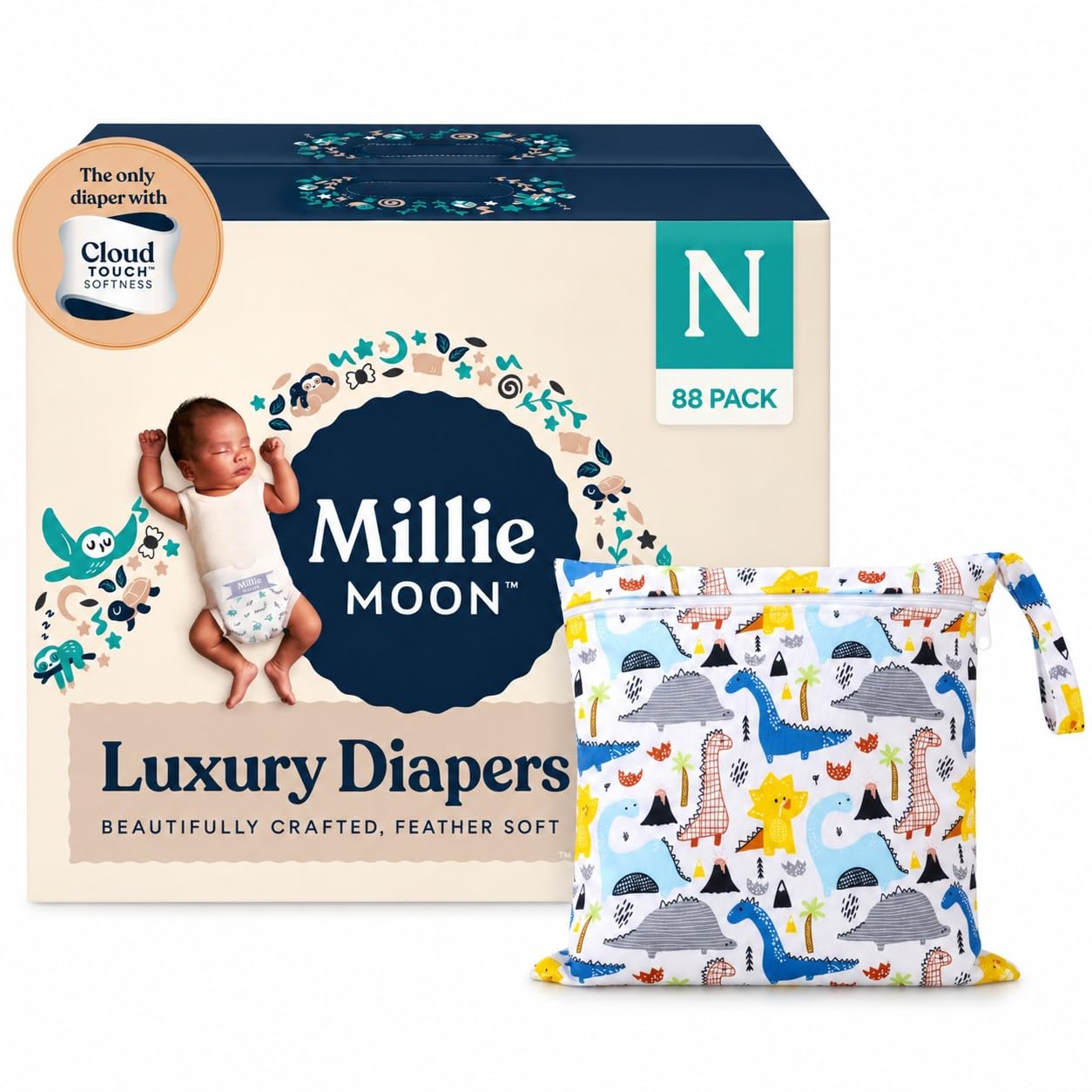 Millie Moon Luxury Diapers Newborn (0-10 lbs) 88 Ct Bundle with Wet Dry Bag