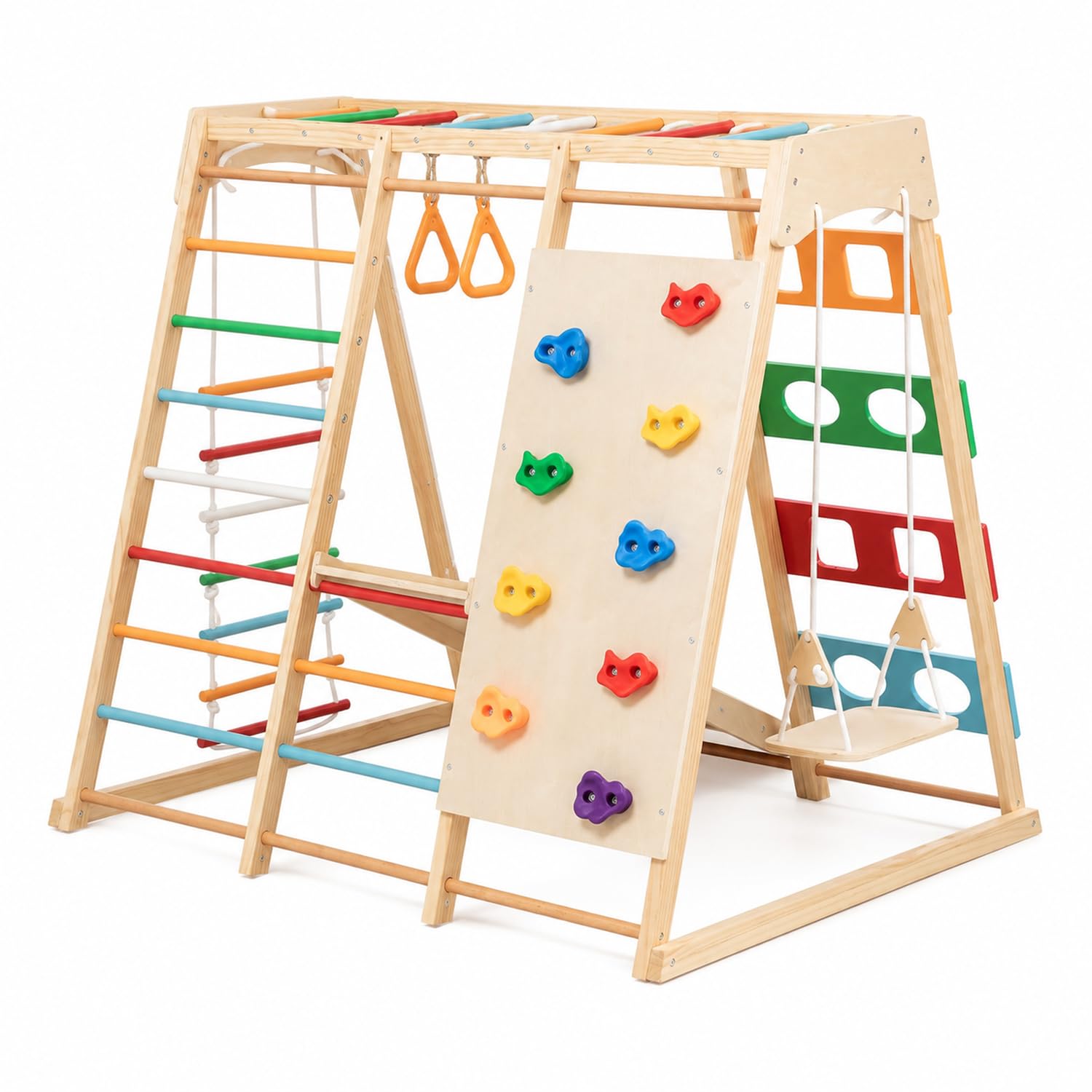 9-in-1 Indoor Jungle Gym, Colorful Wooden Kids Playset with Slide