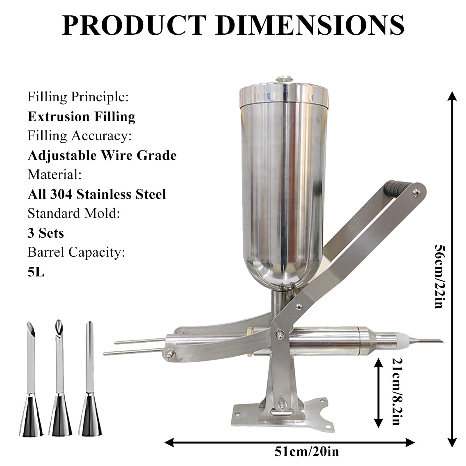 Churros manual, inyector de relleno de gelatina de masa de 5 litros, máquina de churros de acero inoxidable con 4 boquillas para cocina de restaurante