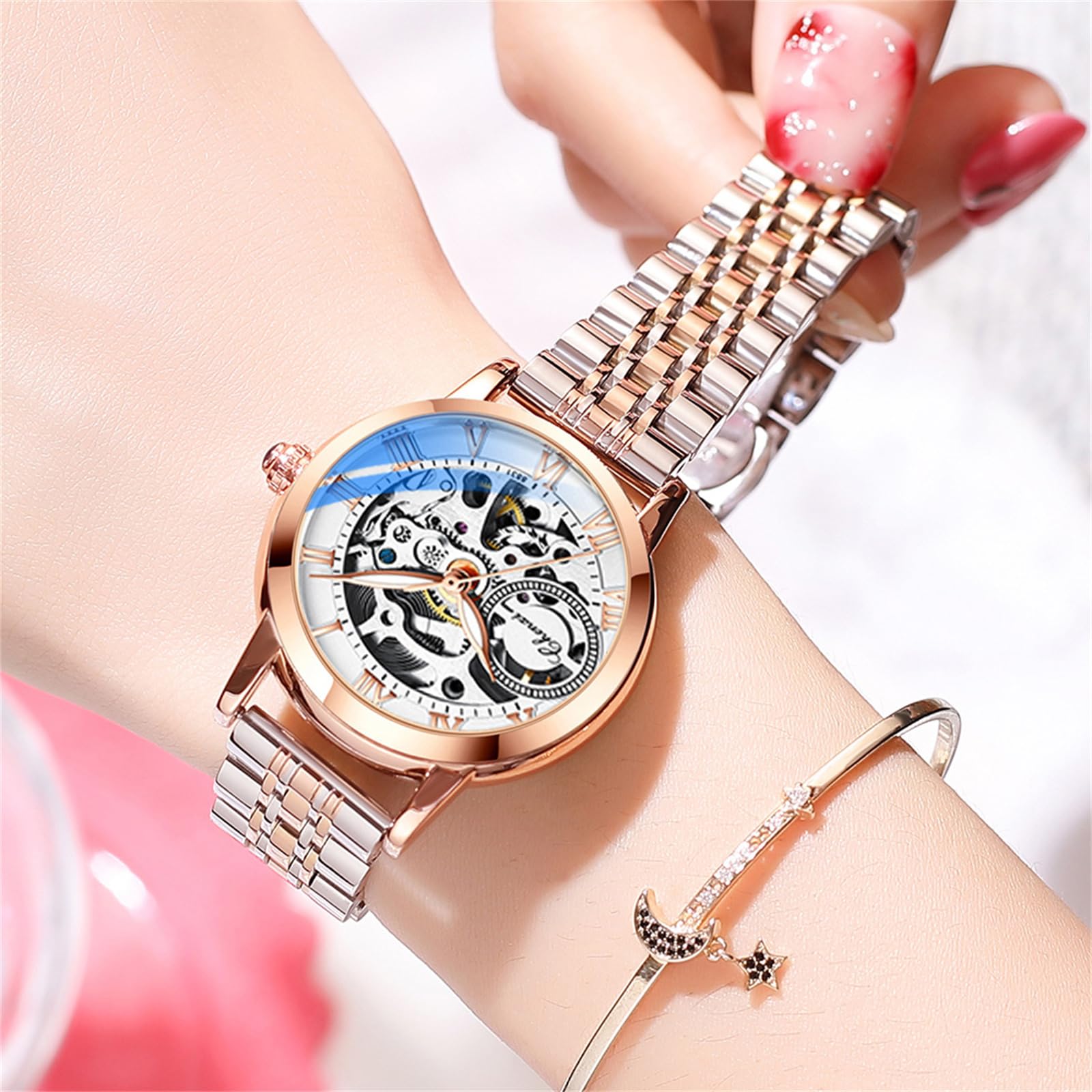 FORSINING Automatische mechanische Damenuhr, rotgoldenes Edelstahlband, luxuriöses Skelett-Zifferblatt, elegante Damen-Armbanduhr
