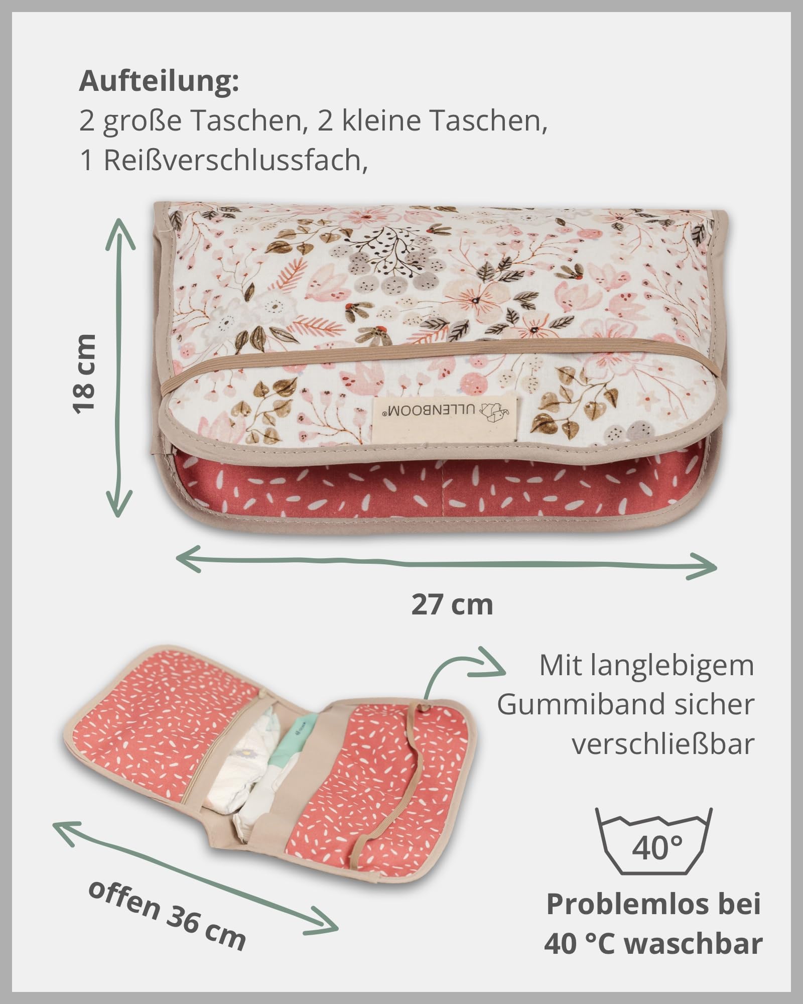 ULLENBOOM ® Windeltasche für unterwegs (Made in EU) - Wickeltasche für bis zu 3 Windeln, Feuchttücher & weiteres Zubehör, Windeletui mit Reißverschluss & Gummiband, klein & lässig