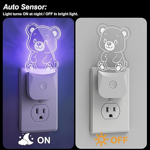 Miniatura 3 de Linda luz nocturna de oso (paquete de 2), enchufable, lámpara de noche LED RGB con sensor automático de atardecer a amanecer, 9 colores para