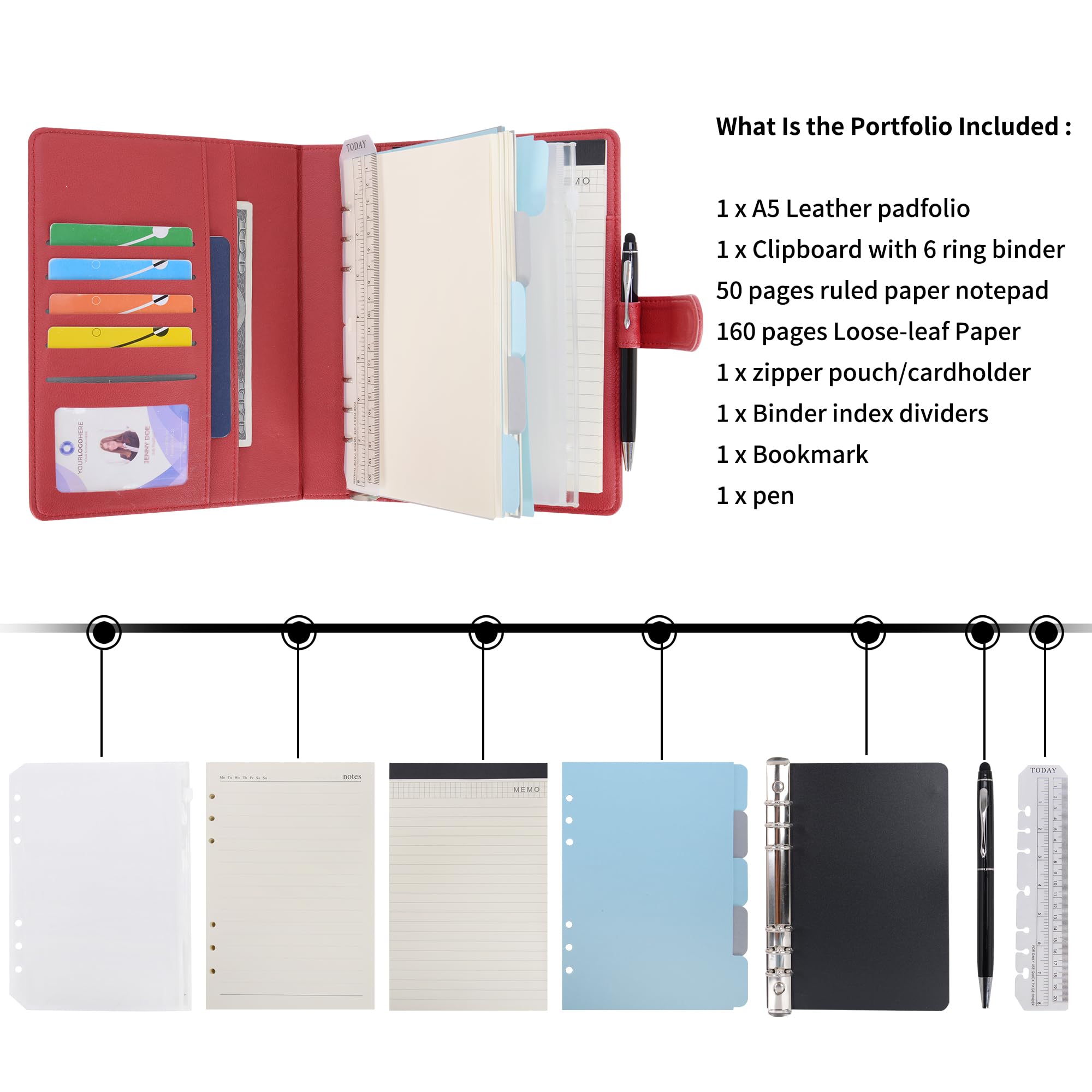 WASON A5 Diario in Pelle PU con Carta Ricaricabile, Portfolio ad Anelli Rimovibile con Clipboard, Rosso