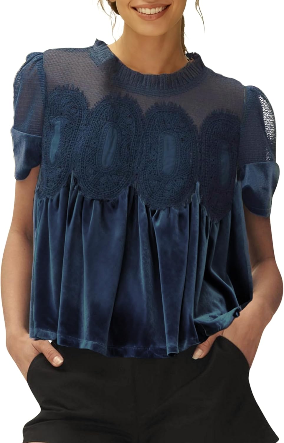 Gozoloma Women's Velvet Lace Blouse Casual Round Neck Short Sleeve Flared Swing Top Elegant Loose Intricate Back Design
