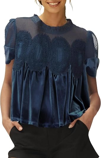 Gozoloma Womens Velvet Lace Blouse Casual Round Neck Short Sleeve Flared Swing Top Elegant Loose Intricate Back Design