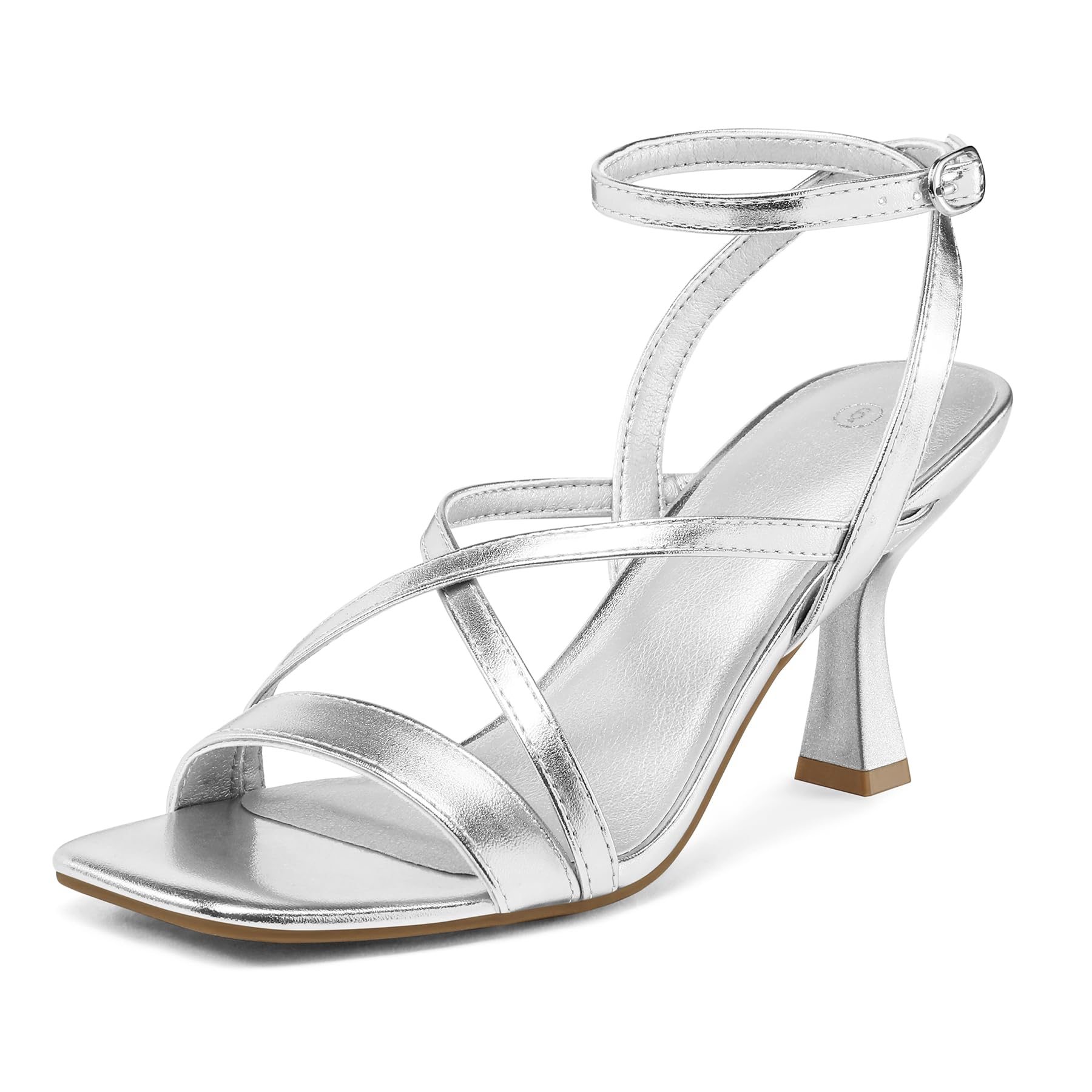 mysoft Women's Strappy Stiletto Heels Open Square Toe Ankle Strap Dress Shoes 3 Inch Kitten Heeled Sandals