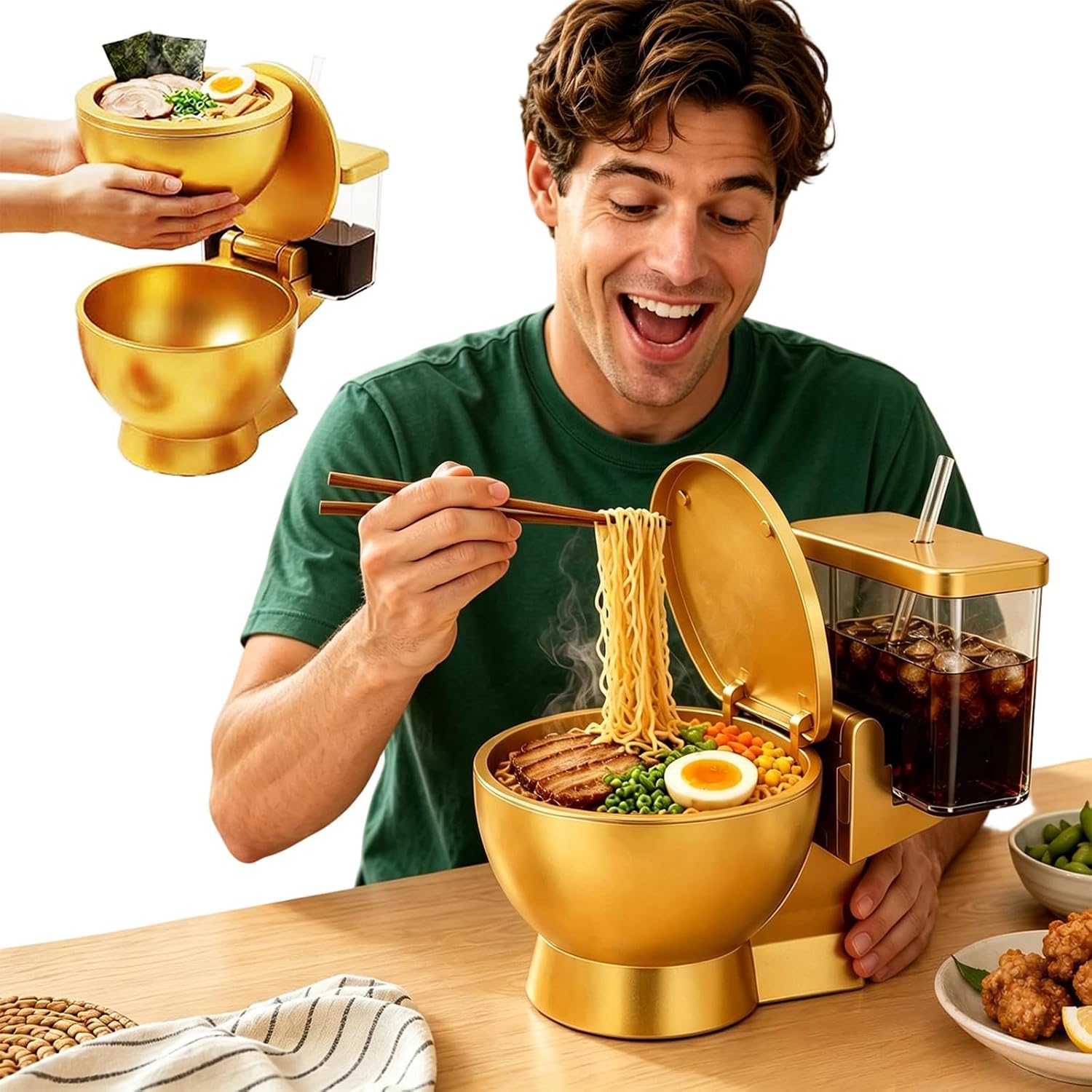 Toilet Ramen Bowl, Novelty Toilet Ramen Bowl and Drink Set with Built-in Drink Cup & Straw,Unique Gag Gift for Food Lovers,Reusable Noodle Bowl and Drink for Instant Noodles, Ramen, Soup (Gold)