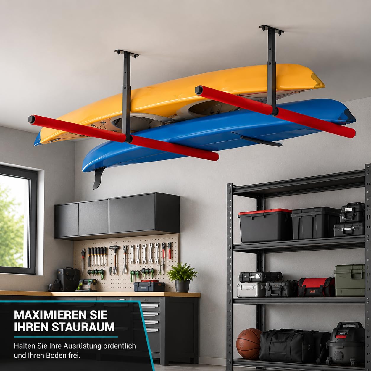 QLS Lot de 2 étagères suspendues pour plafond ou kayak, planche de surf, rangement d'outils