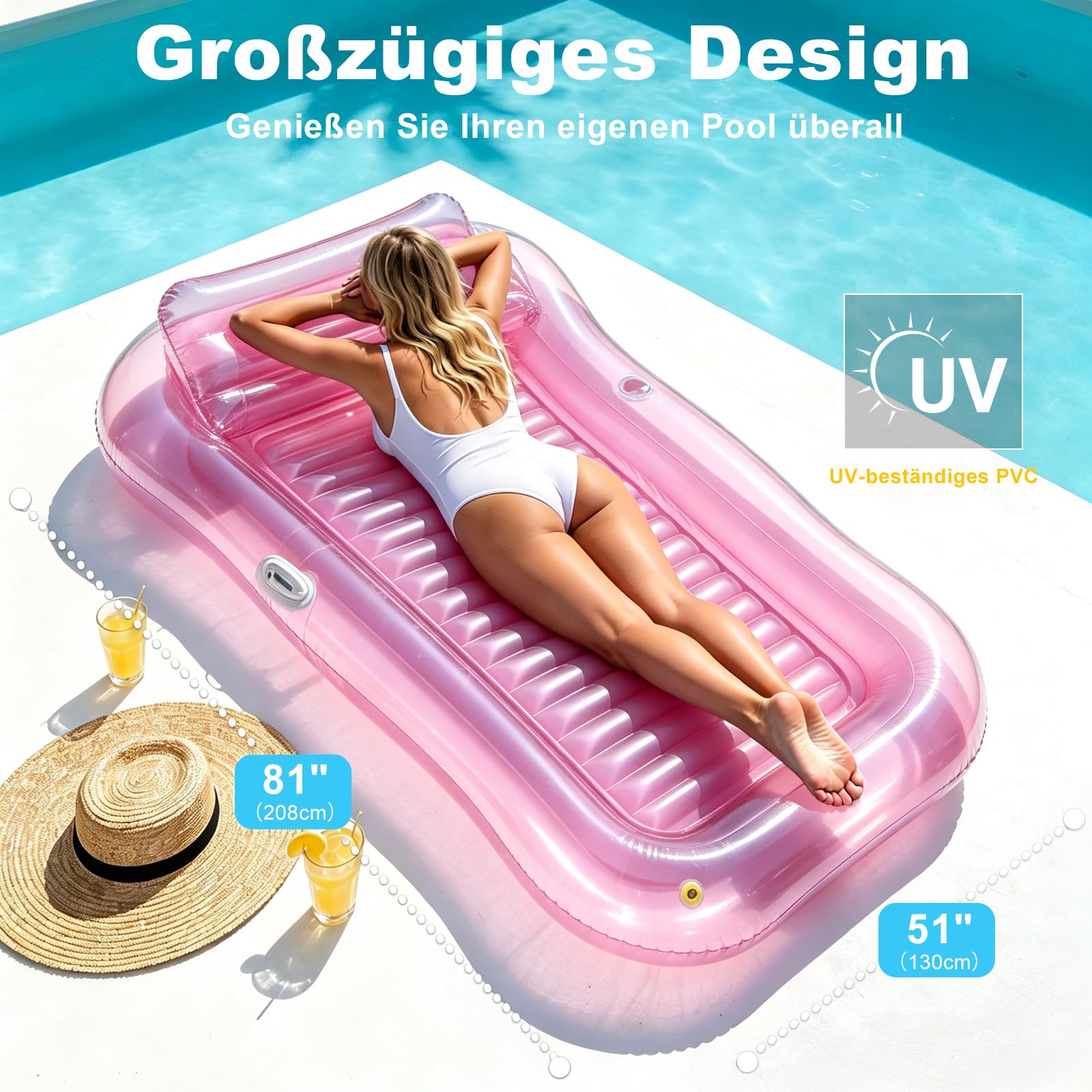 Balakaka Aufblasbare Tanning Pool Groß 208×130cm, 4-in-1-Sonnenliege Sprühfunktion für Party, Aufblasbarer Luftmatratze für Erwachsene mit Handlauf/Kopfstütze Getränkehalter