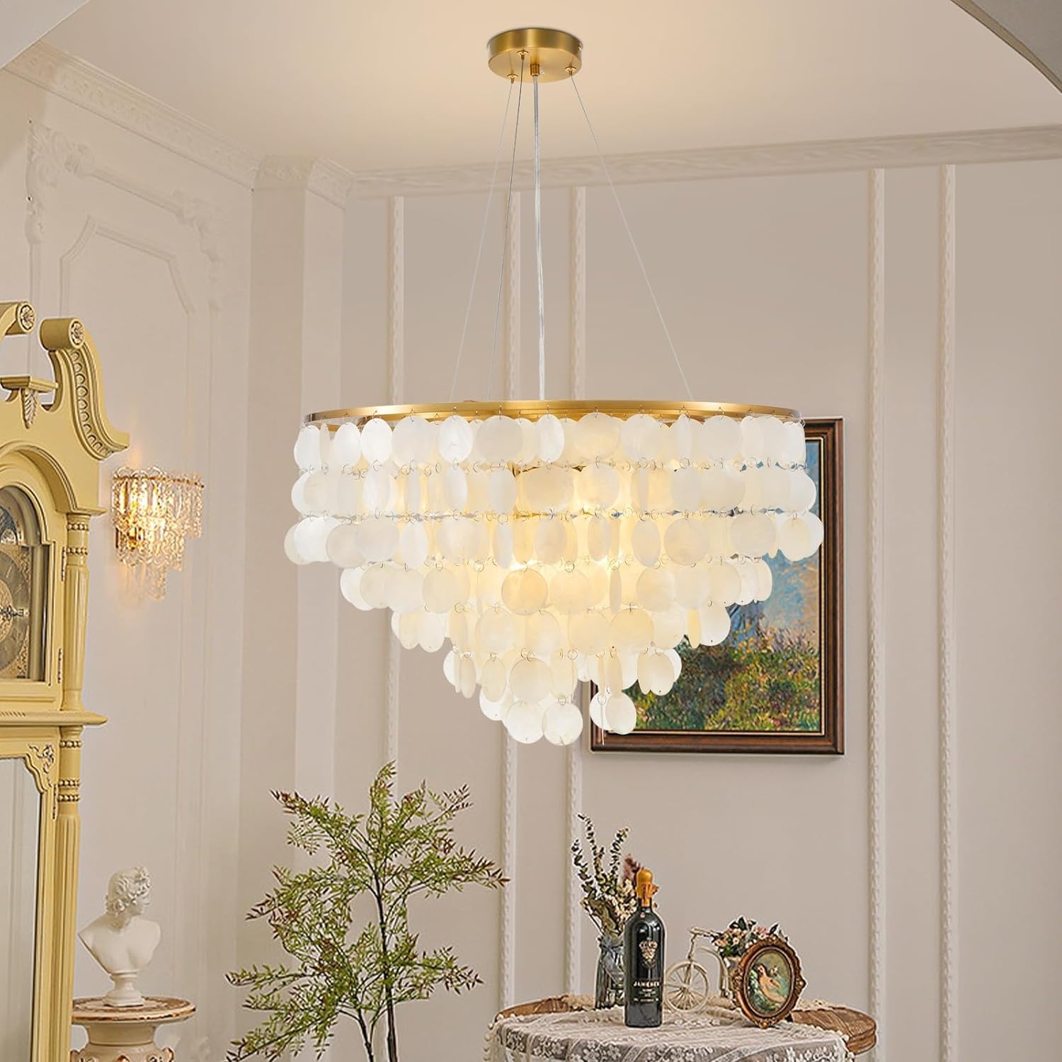 Lysdjia Natural, Gold Chandelier Creativity Living Room Natural Shell 6-Lights Modern Ceiling Pendant Light Fixture Coastal White Chandeliers For Kitchen Bedroom Entryway Foyer Restaurant Bar Lighting