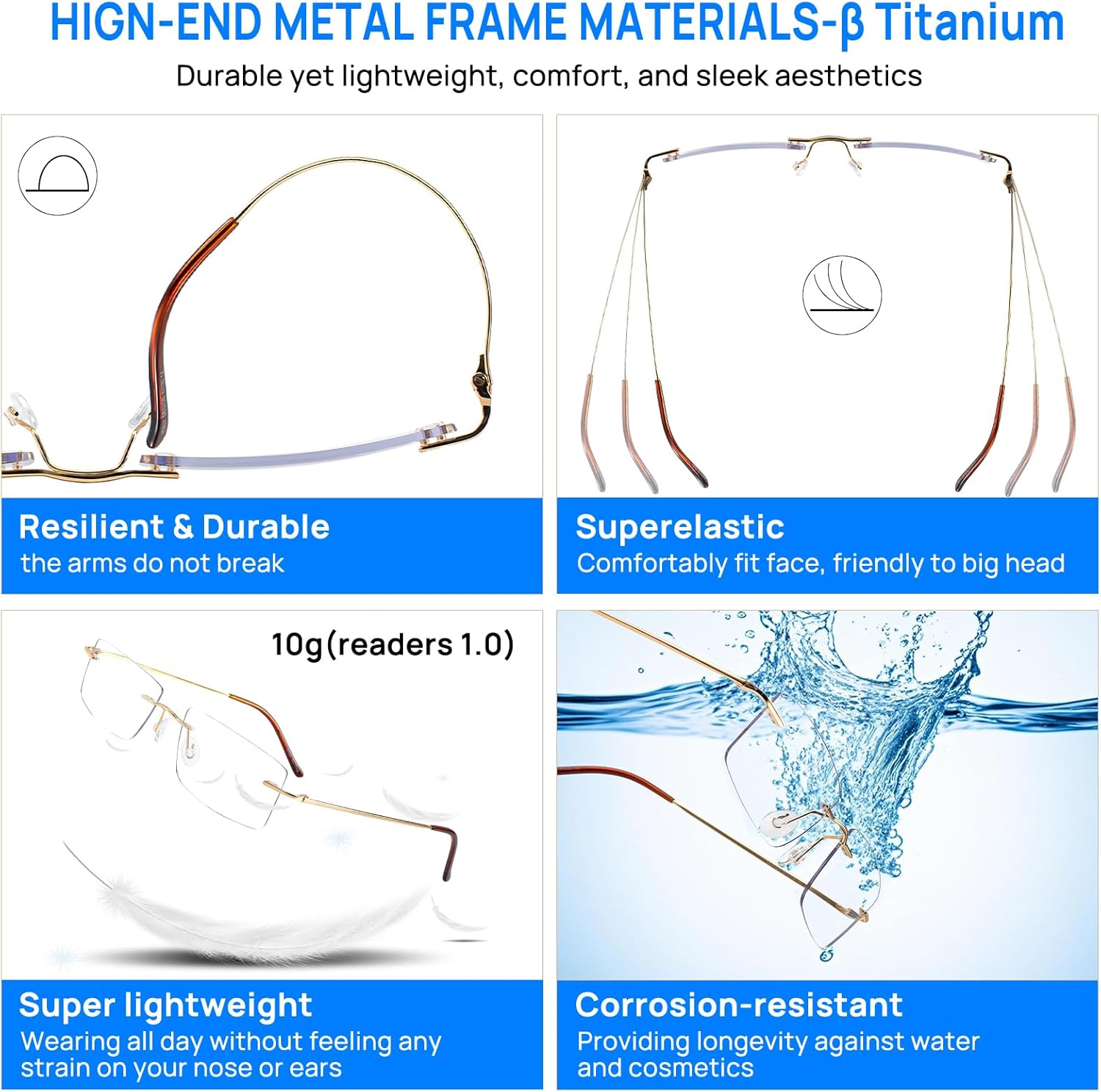 Titanium Frameless Reading Glasses for Men Women, Blue Light Blocking Readers 1.0 1.5 2.0 2.5 3.0 3.5