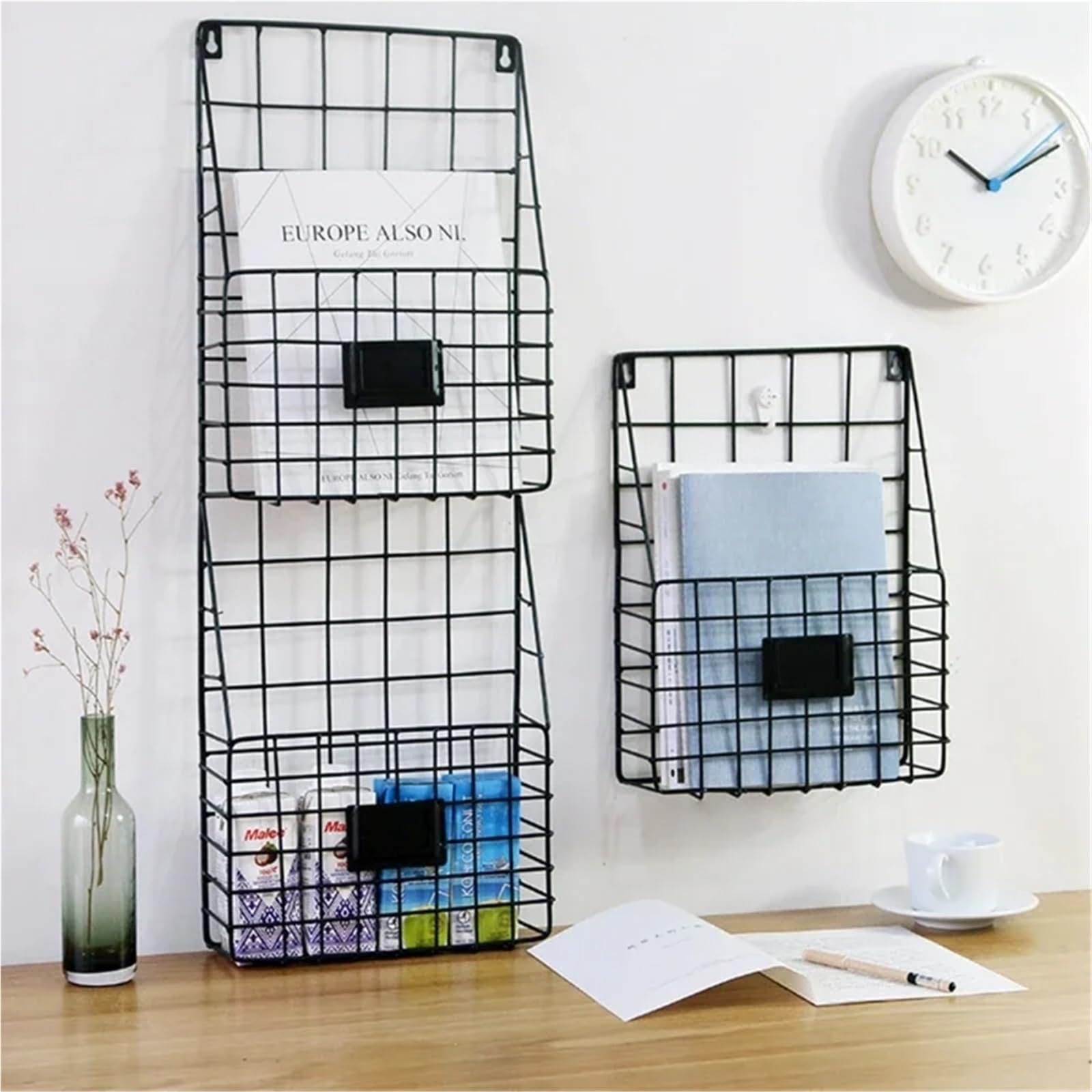 Organizzatore di posta Cestello in filo metallico Portariviste montato a parete Ripiano portadocumenti sospeso Per Casa(Black)