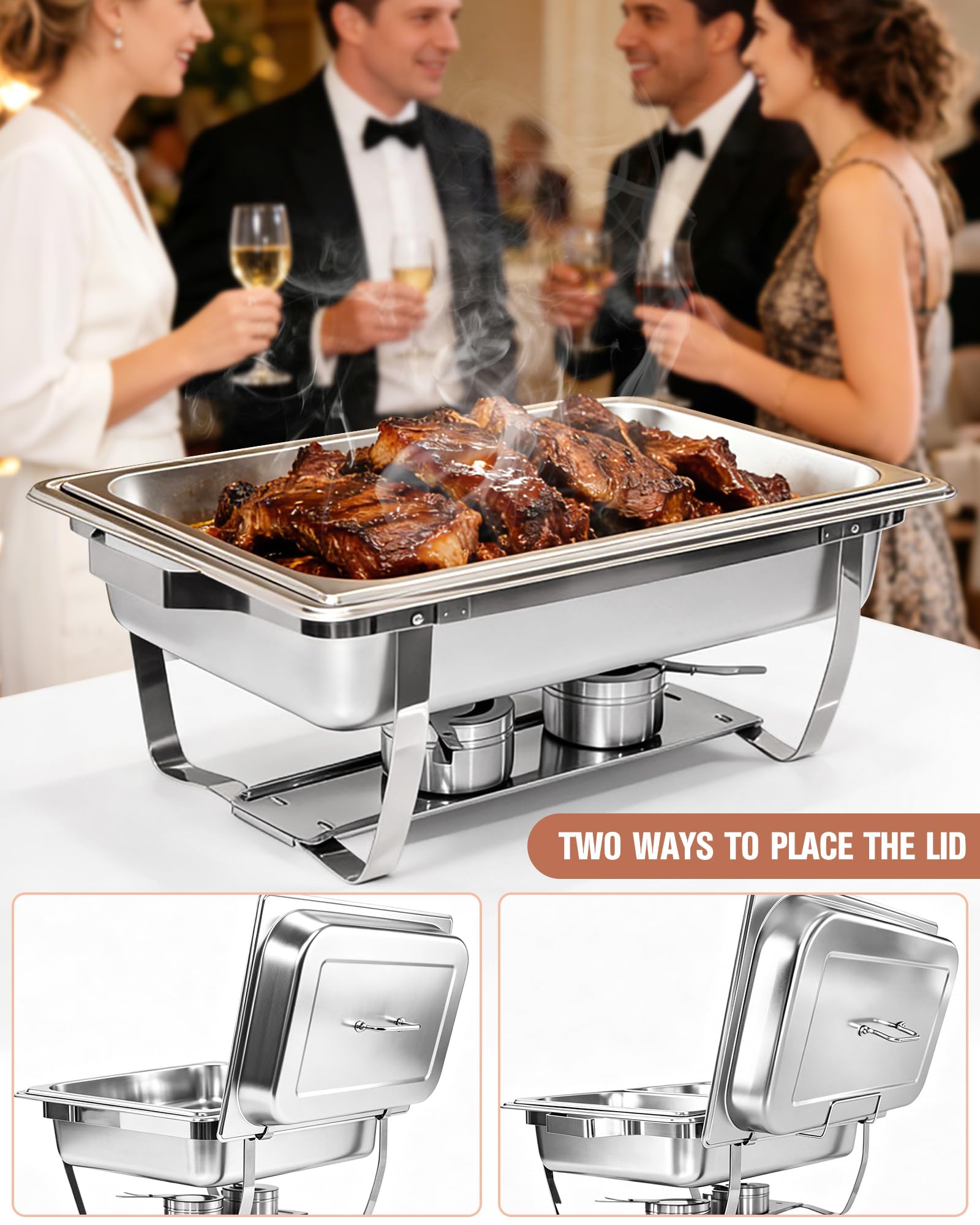 Chafing Dishes Buffet 2pcs, 9L, Scalda Vivande Portatile Rettangolare con Coperchio a Scomparsa [2 Vaschette Intere 4 Mezze Vaschette] Scaldavivande per Feste, Compleanni, Festività, Eventi in Chiesa