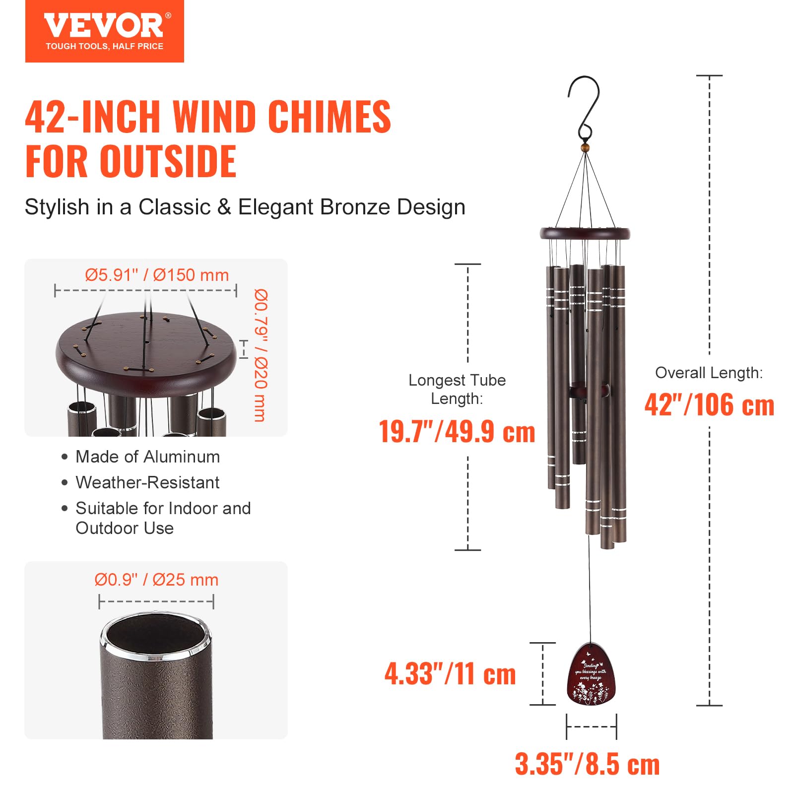 VEVOR Campanelli Eolici per Esterni 1067 mm Campanelli Eolici dai Toni Profondi con 6 Tubi, Decorazioni per Patio, Portico, Giardino, Marrone Scuro