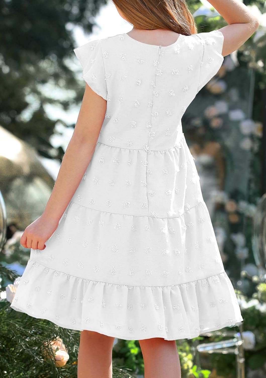 HOSIKA Girls Summer Cute Swiss Dot Flutter Sleeve Boho A Line Swing Tiered Casual Holiday Dress for 6-12 Years - Image 5