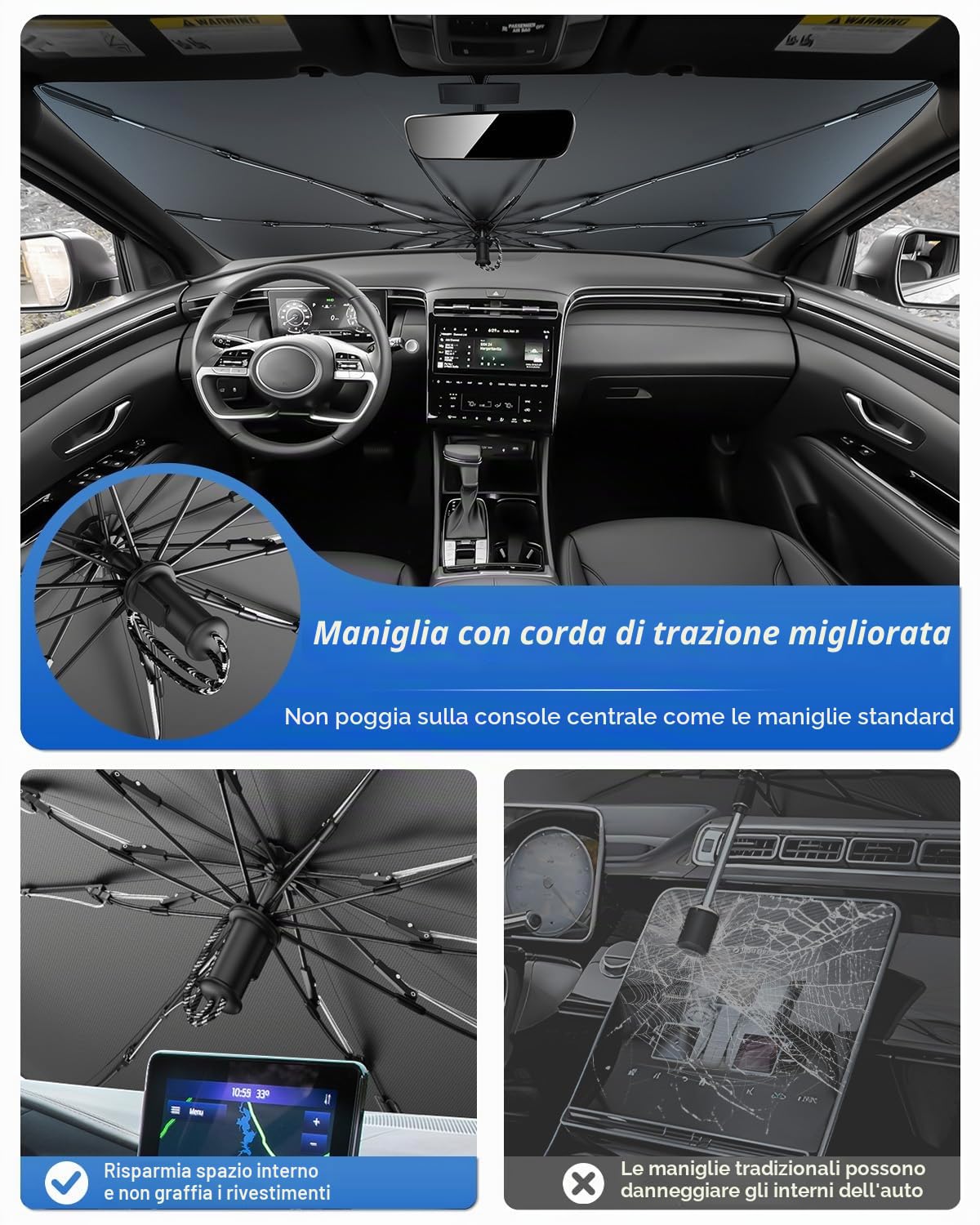 SHAOHAO Compatibile con Hyundai Tucson NX4 2022-2026 Parasole per auto Parasole per parabrezza Facile da riporre Maniglia con cordino Protezione UV Accessori Hyundai Tucson parasole