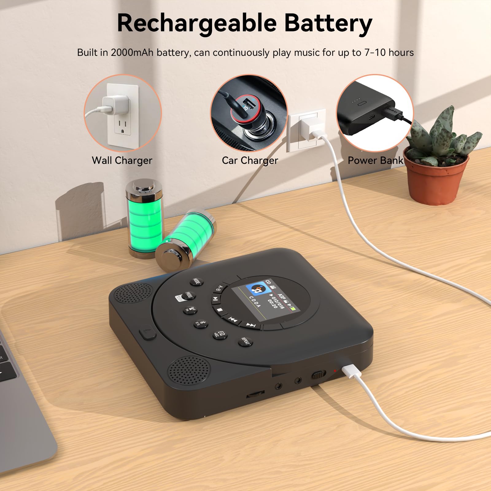 MONODEAL CD Player Tragbar mit TFT Display und Sleep Timer, Integriertes FM-Radio, 2025 Tragbarer CD Player Bluetooth, Wiederaufladbar Discman CD Player mit Lautsprecher und FM Transmitter, Anti-Skip