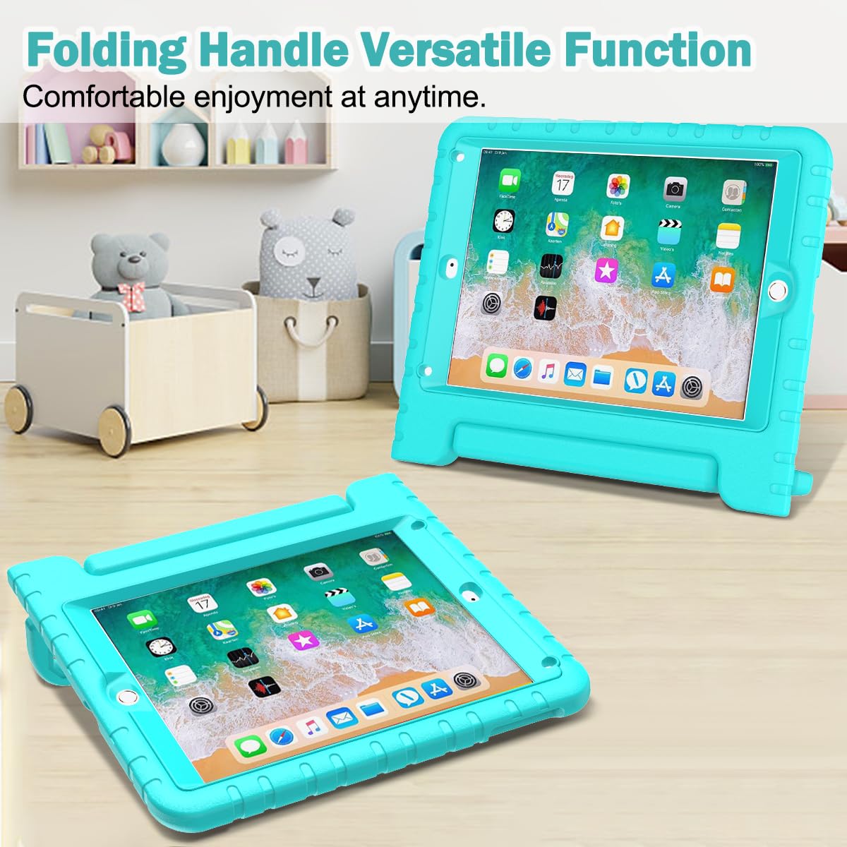 Coque Antichoc Pour IPad 9.7" 2018/2017 & IPad Air 2 - Avec Protecteur D'Écran Intégré, Poignée Et Support - Enfants, Convertible