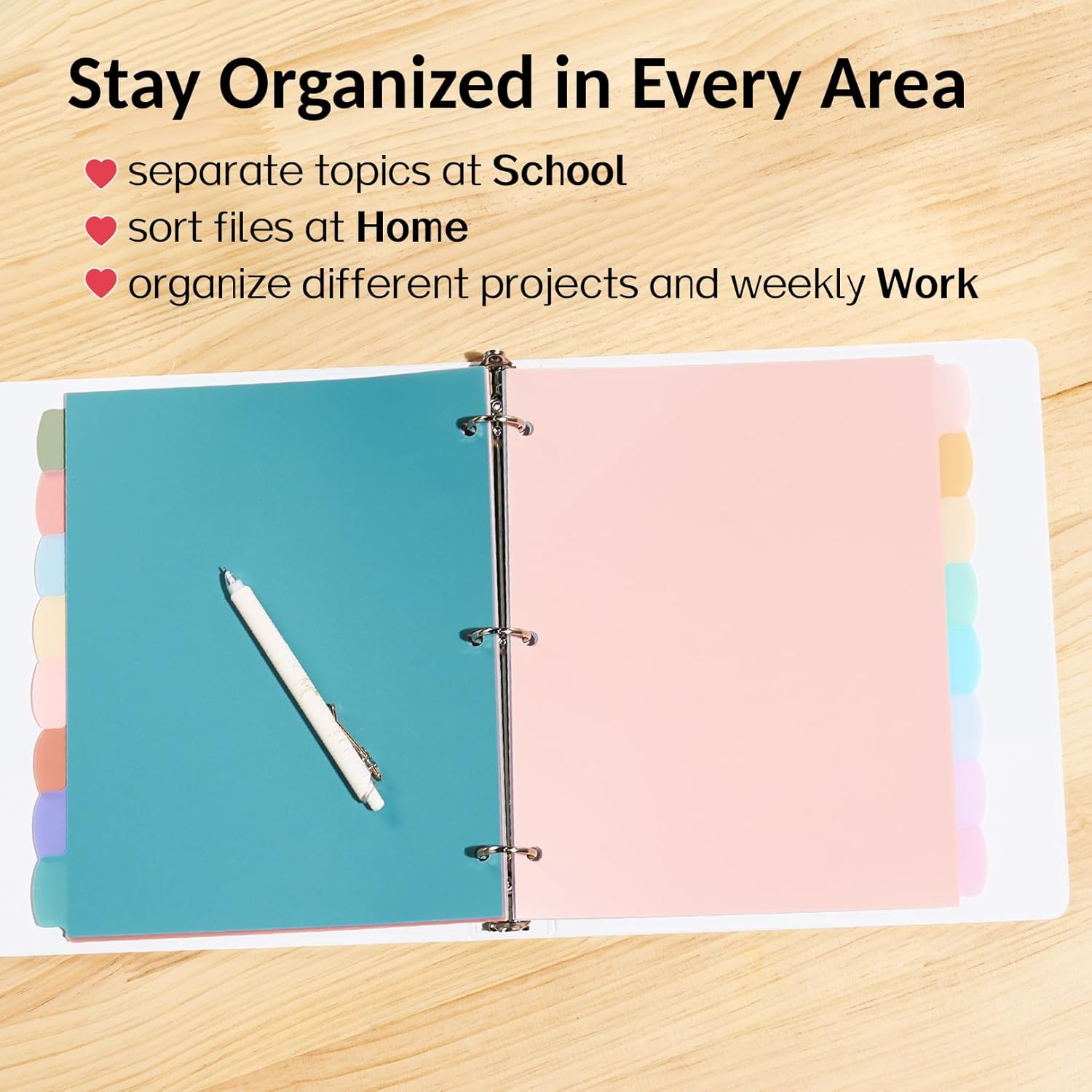 Sooez 8 Tabs Long-Lasting Plastic Write & Erase Large Tabs Dividers for 3 Ring Binder, Aesthetic Cute Pastels Binder Dividers for Student, Teacher, Office, Home Organizers, 12 Sets, Pastels Color