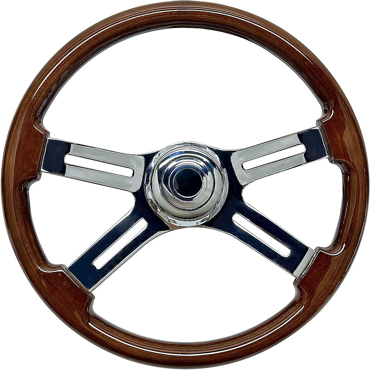 18 in Solid Wood Truck Steering Wheel 4 Spoke Aluminum Chrome Plated Steering Wheel 3 bolts for Semi Trailers,Trucks for Kenworth,Peterbilt,Volvo, Freightliner