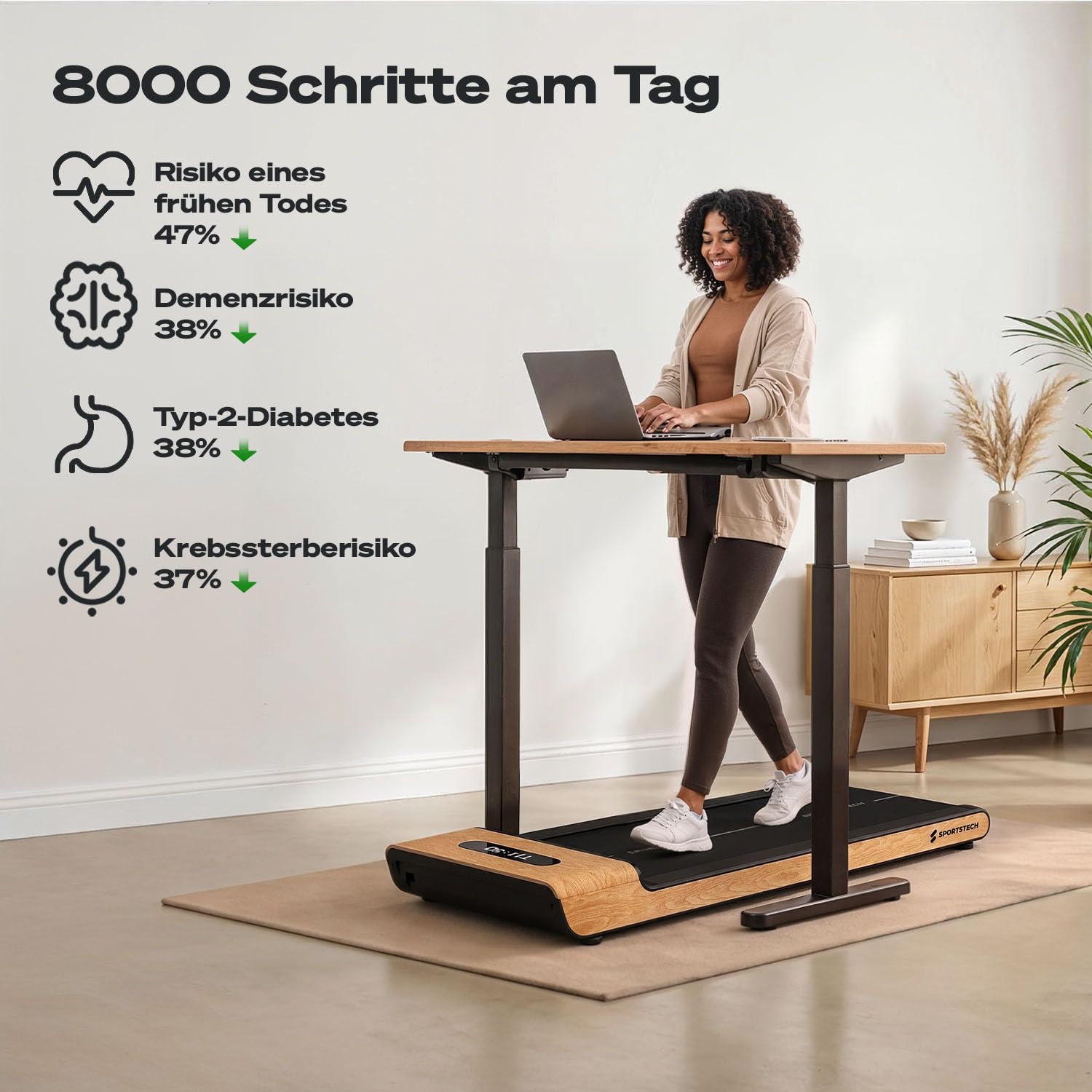 Sportstech Walking Pad Echtholz, 150kg, klappbar fürs Büro, 8 km/h, App | Fürs Home Office, Schrittzähler, unter dem Schreibtisch, kompakt, LED-Display, Bluetooth, gelenkschonend, WoodPad Pro