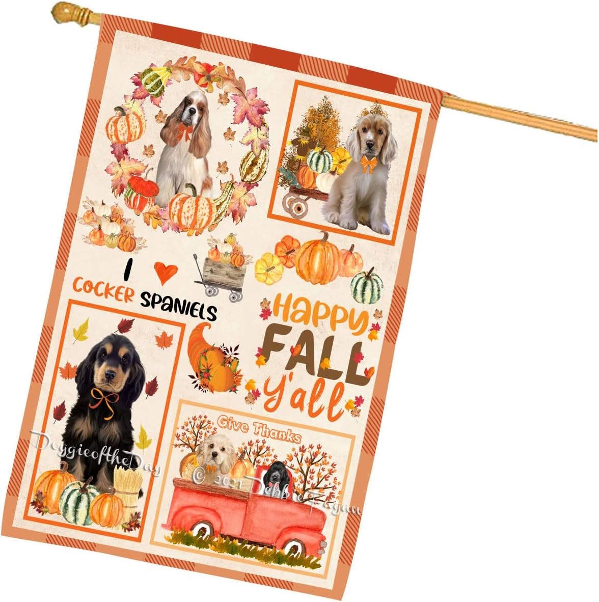 Happy Fall Y'all Cocker Spaniel House Flag 28x40 Double Sided | Full Size Outdoor Fall Harvest | Decorative Art | 40x28 Pet Dog Owners Welcome Flag | Charming Rustic Bright Home Decor