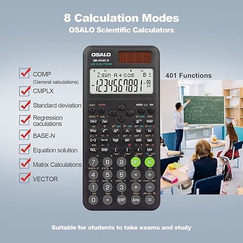 Miniatura 3 de OSALO Calculadora científica 401 Función Pantalla de 10+2 dígitos Calculadoras de batería solar Estadísticas de fracciones Integral para estudiantes