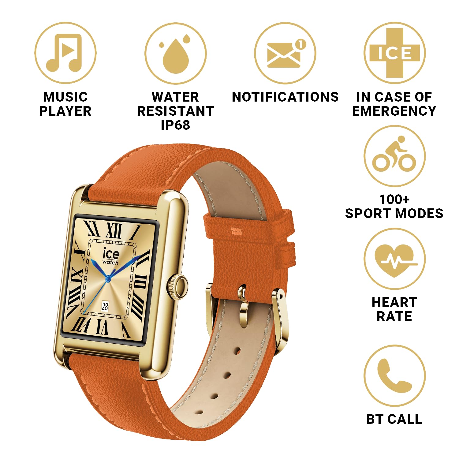 Ice-Watch - ICE smart TKS 2.0 Gold Orange grain - Złoty smartwatch dla kobiet z skórzanym paskiem - 025620 (1,41 cala / 32 mm) - Smartwatch, monitorowanie aktywności fizycznej i zdrowia
