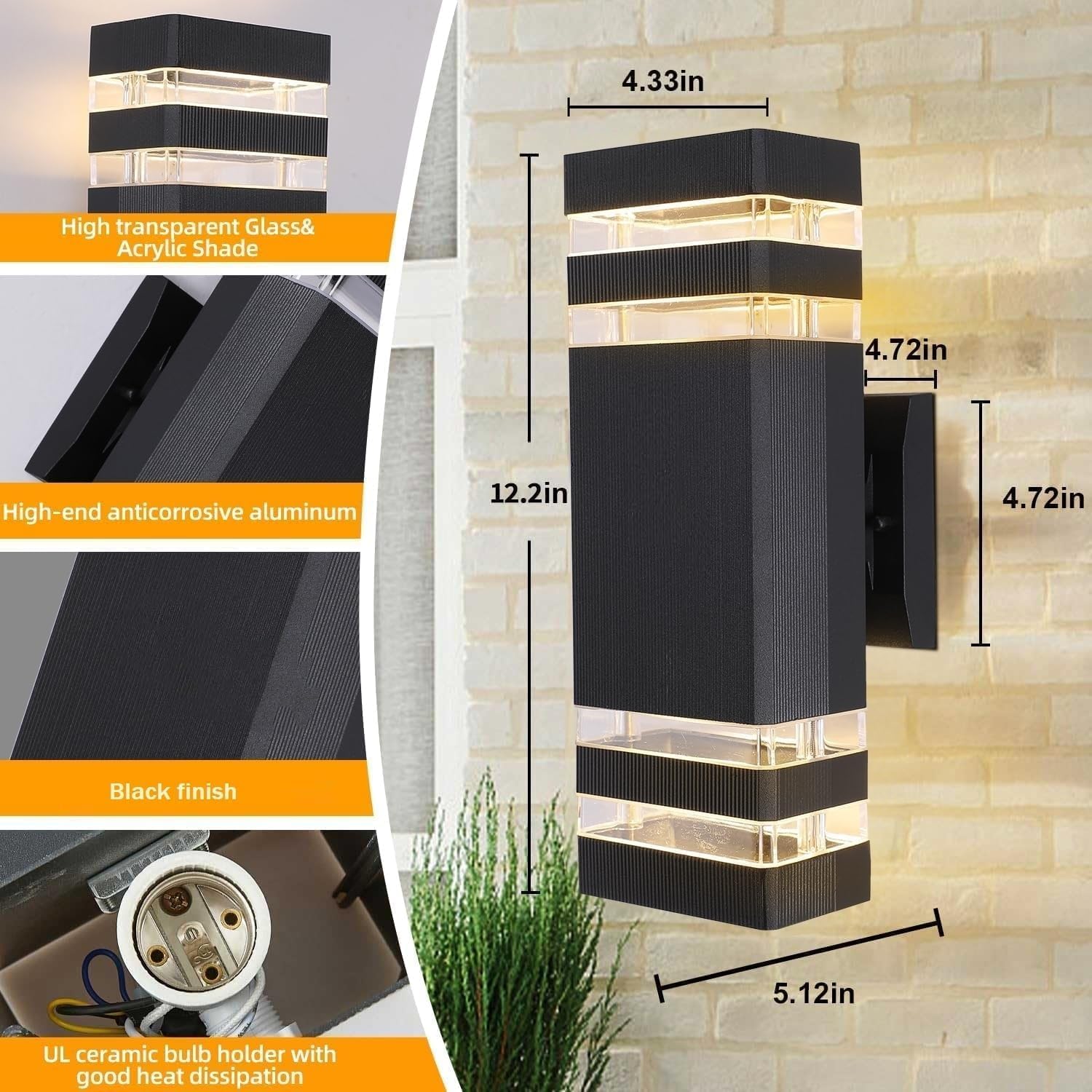 4-Pack Outdoor Wall Light, Up and Down Modern Exterior Lighting Fixtures, Black Waterproof Outdoor Lights Wall Mount Aluminum Porch Light for Patio Entryways Garage