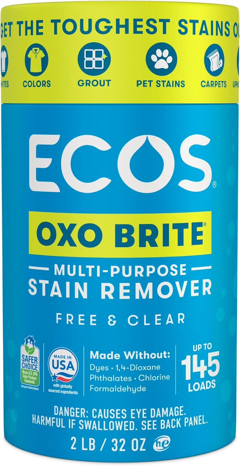 ECOS OXO BRITE Multi-Purpose Stain Remover, Brightens & Whitens, Free & Clear, 145 Loads, Plastic-Free, Safer Choice Certified, 2 lbs