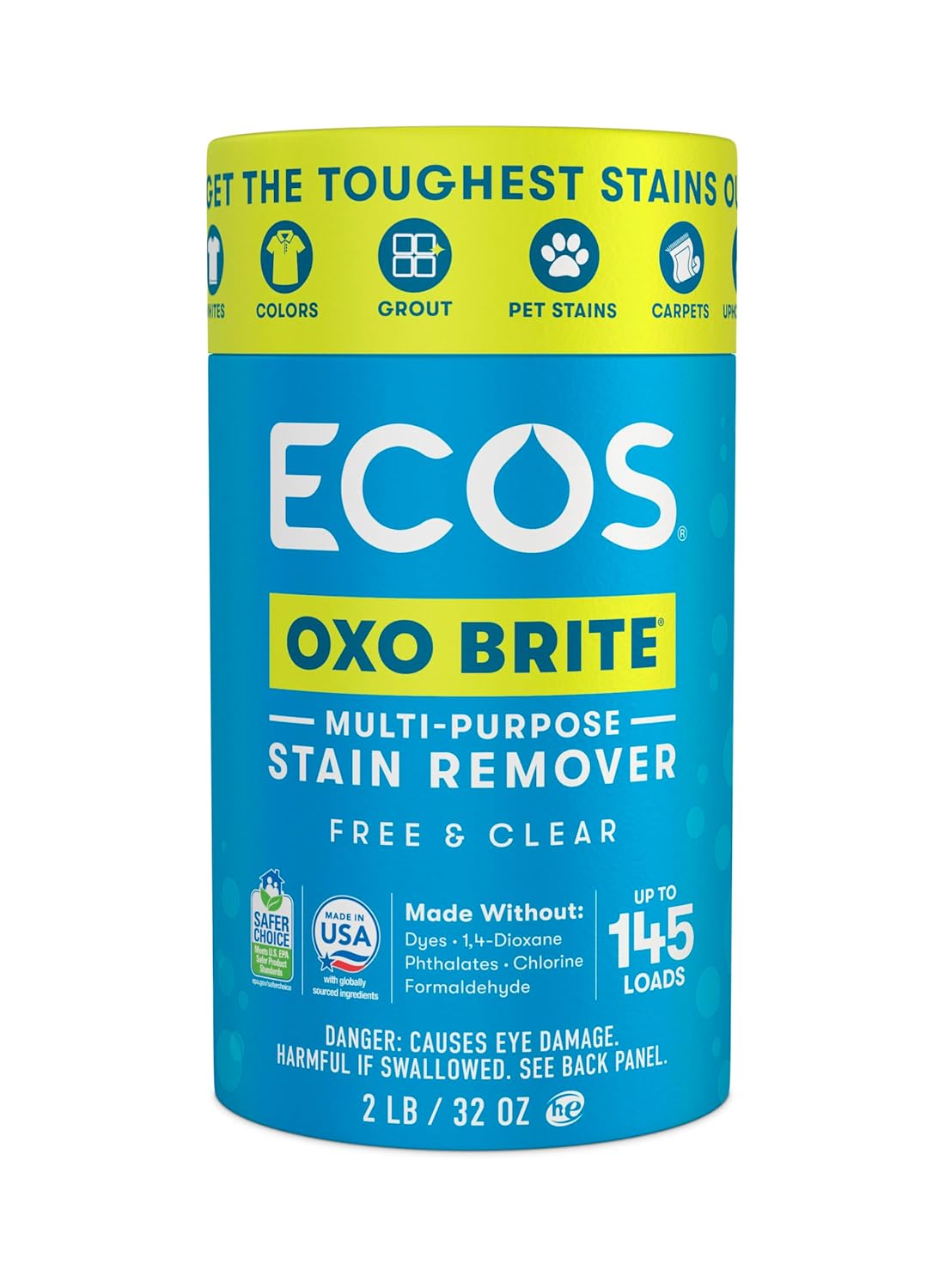 ECOS OXO BRITE Multi-Purpose Stain Remover, Brightens & Whitens, Free & Clear, 145 Loads, Plastic-Free, Safer Choice Certified, 2 lbs