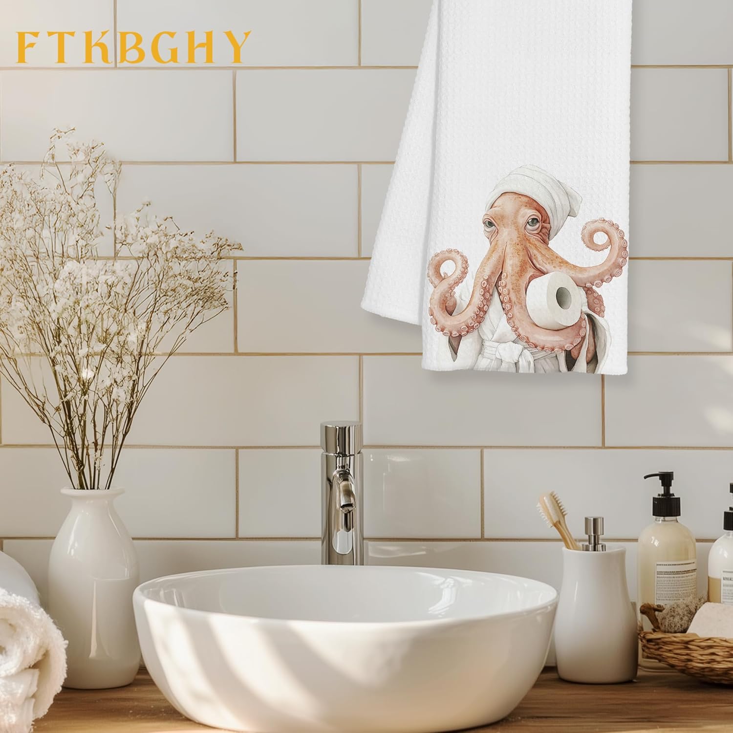 Funny Octopus Hand Towels for Bathroom, Octopus Bathroom Decor, Coastal Ocean Animal Decorative Hand Towels for Washroom Restroom Powder Room, 16x24 Inch - Image 2