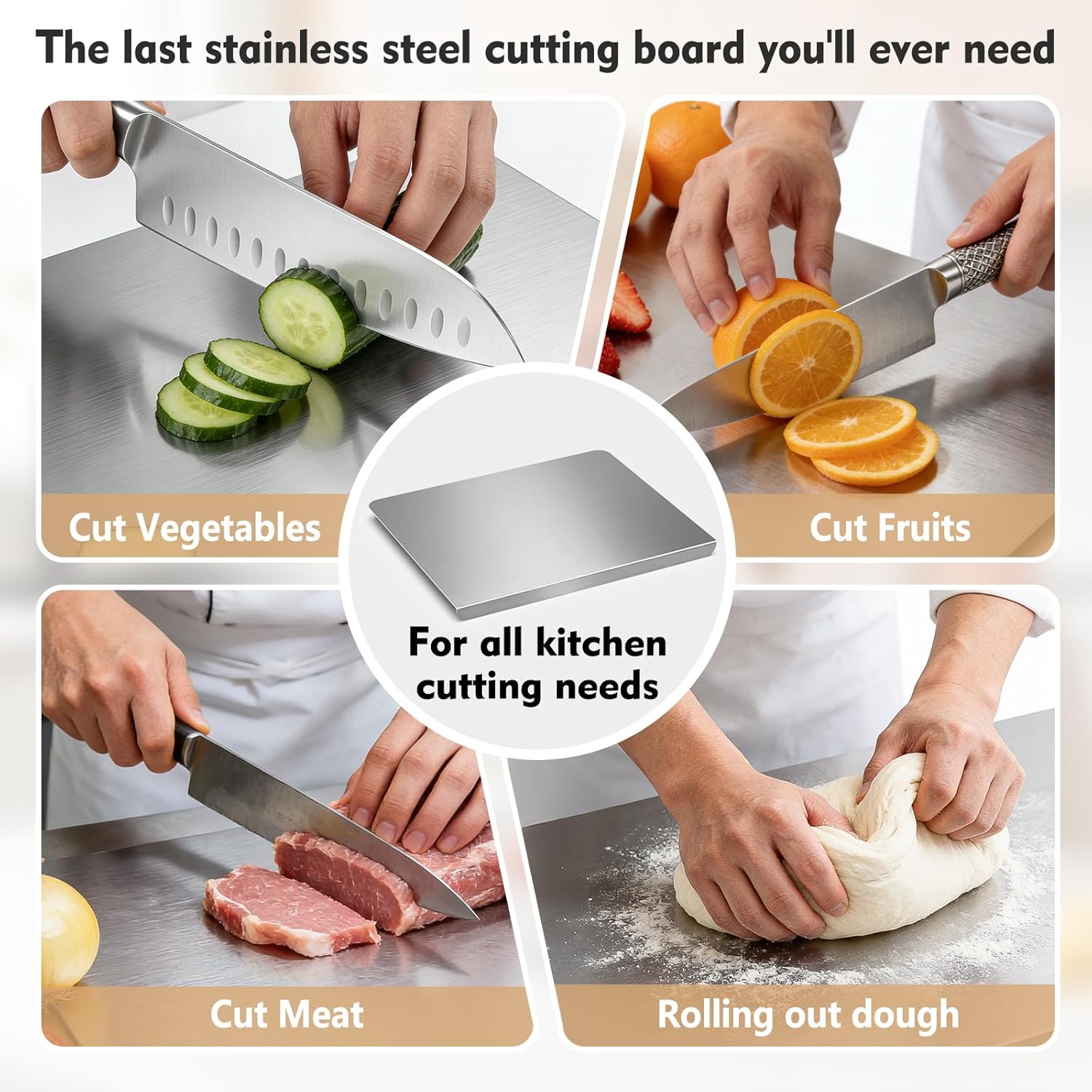 Stainless Steel Cutting Board, Stainless Steel Cutting Board with Lip – Metal Cutting Board for Meat, Vegetables, Fruits, and Bread Dough, Double-Sided Textured Surface, Easy-Clean Dishwasher Safe