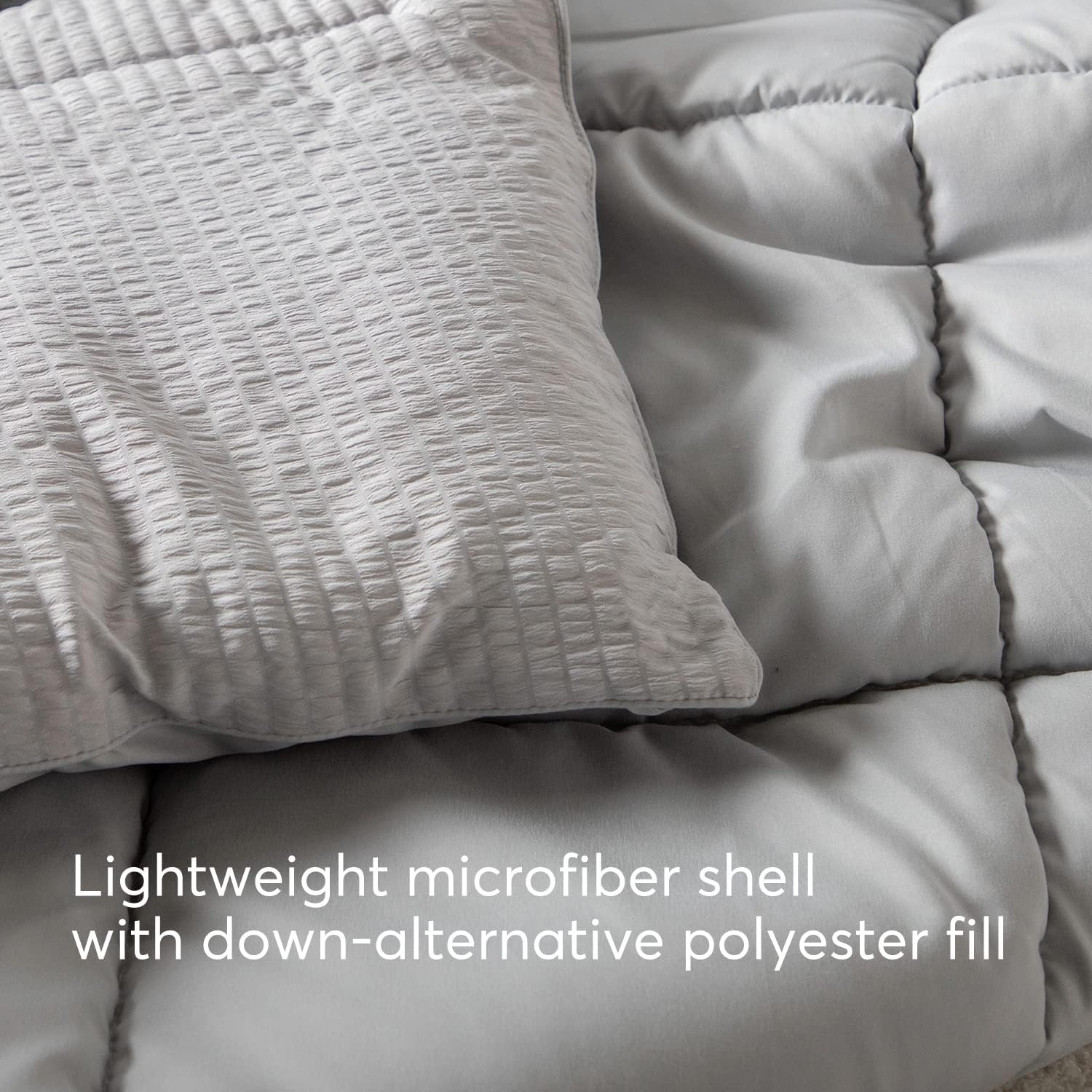 KASENTEX Winter Warmth Quilted Comforter Set Queen with 2 Pillow Shams, Cozy Soft Seersucker Bedding Set Textured, Down Alternative Fill(Full/Queen Set, Light Grey)