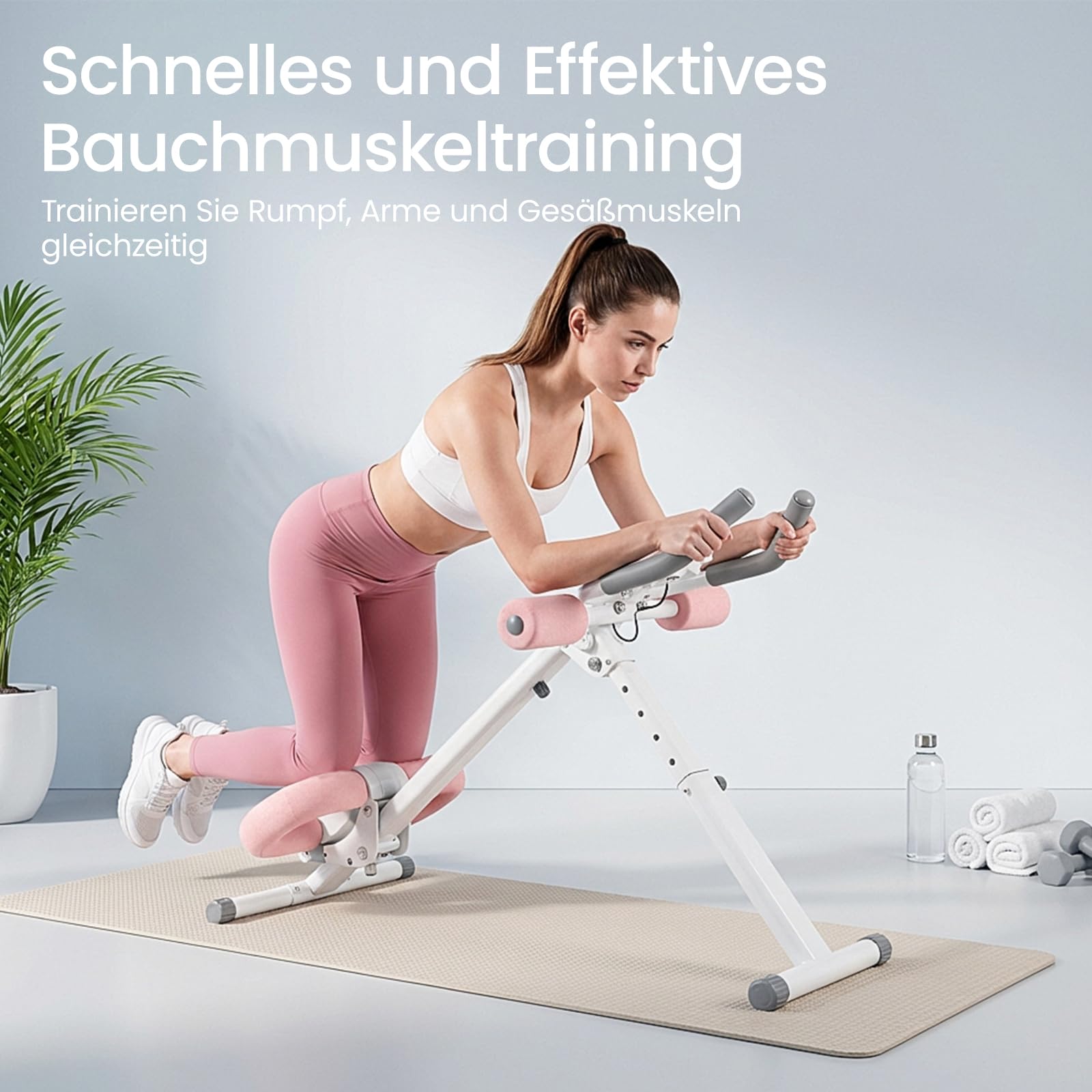 Ab Trainer Abdominal Muscle Machine Adjustable for Home Gym, Foldable And Space-Saving, Quiet Wheels, Knee And Elbow Pads