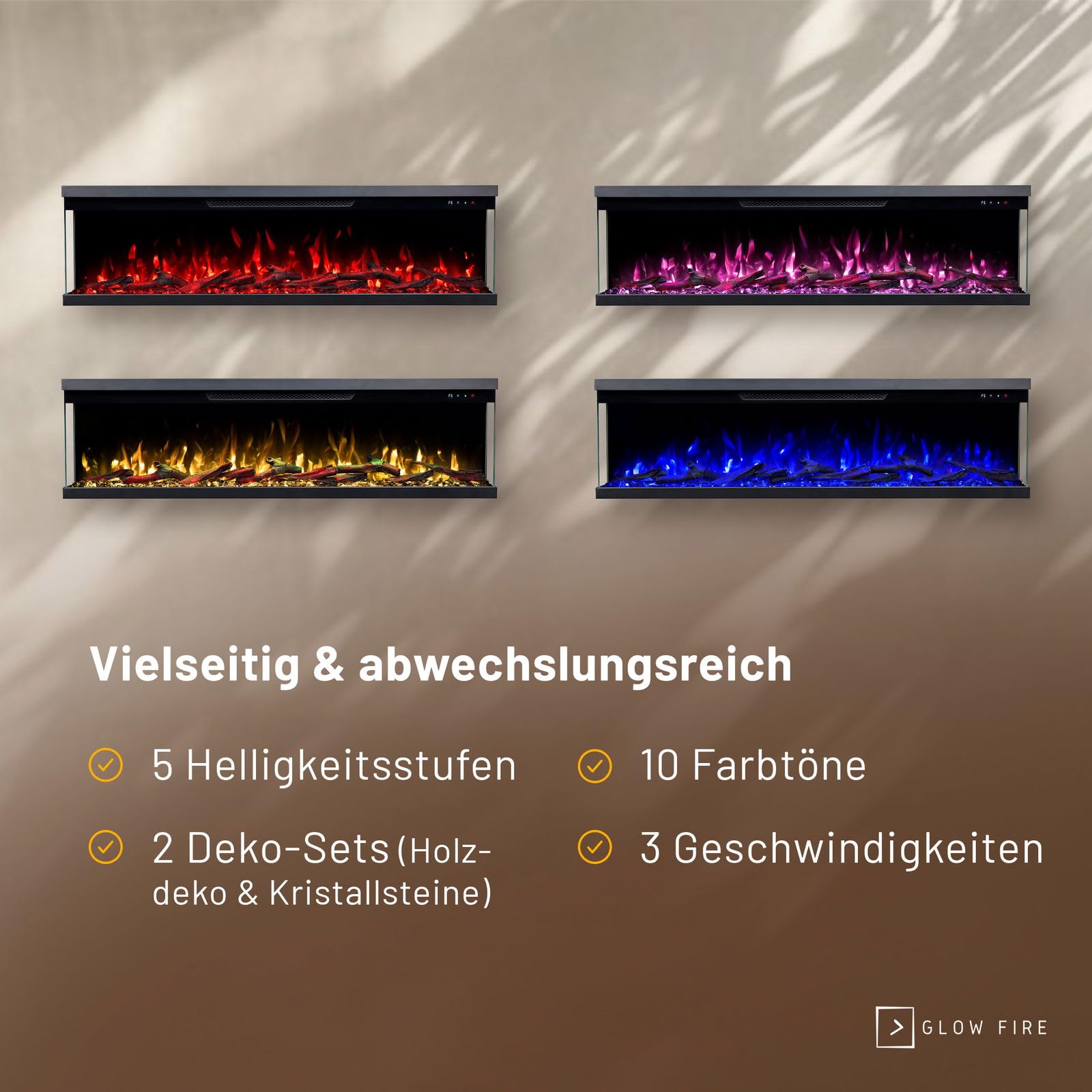 GLOW FIRE Caminetto Elettrico Insert 127 con fuoco LED 3D realistico - Caminetto elettrico a parete con riscaldamento e fuoco, controllo tramite app, effetto crepitio e timer, max. 1800 W, 127x35x19