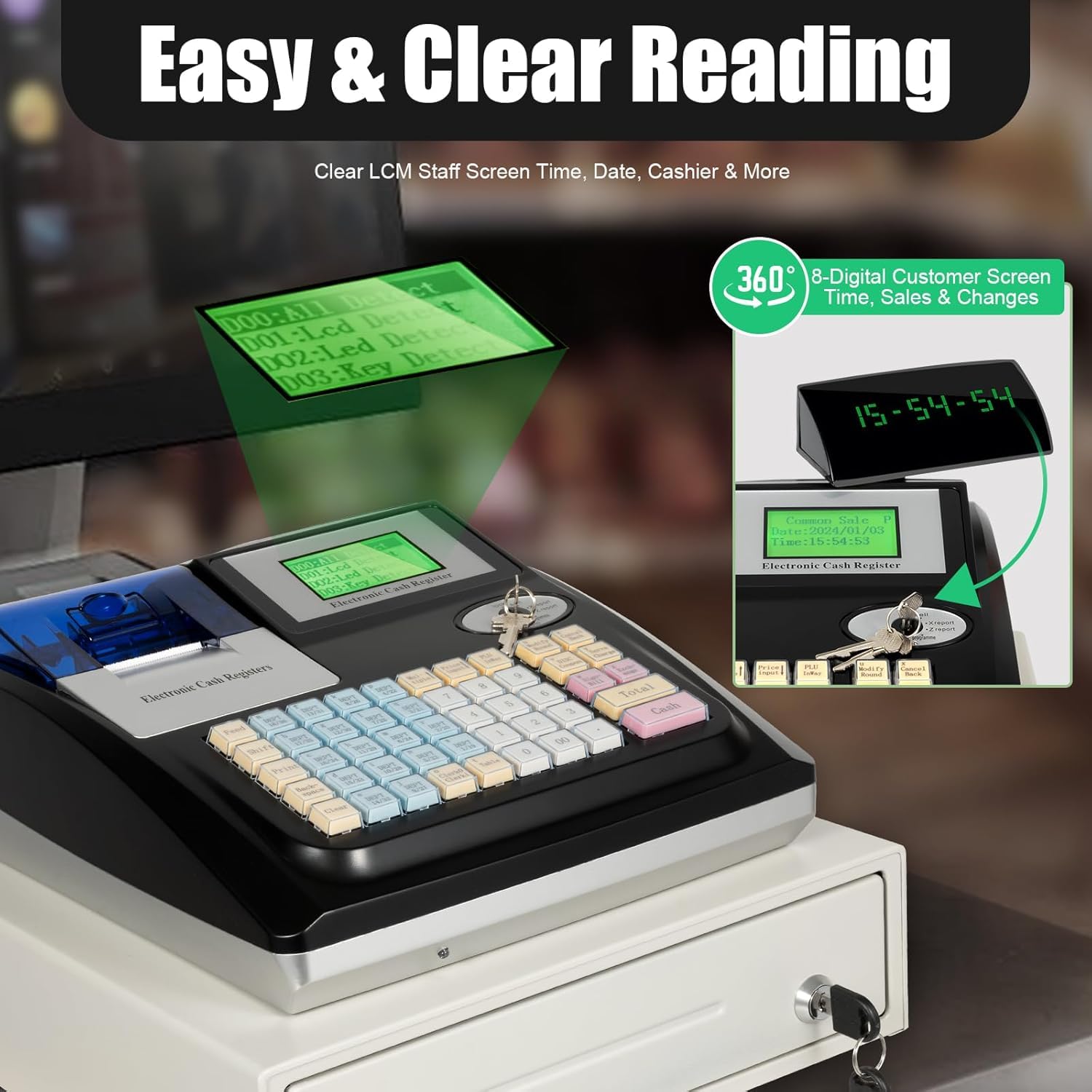 Caja Registradora Electrónica De 48 Teclas con Impresora Térmica, Pantalla Led para El Cliente, Sistema Tpv para Pequeñas Empresas, Solución Completa para El Manejo De Efectivo.