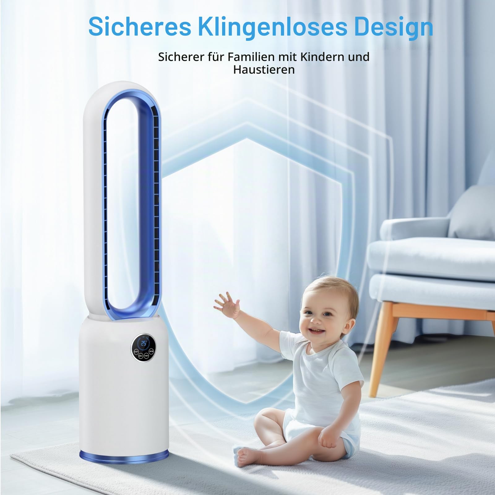 Turmventilator ohne Flügel 88cm – geräuschloser Standventilator mit 55W Motor, LED-Touchscreen & Fernbedienung, 12-Stunden-Timer, 90° oszillierend für Schlafzimmer & Büro (blau)