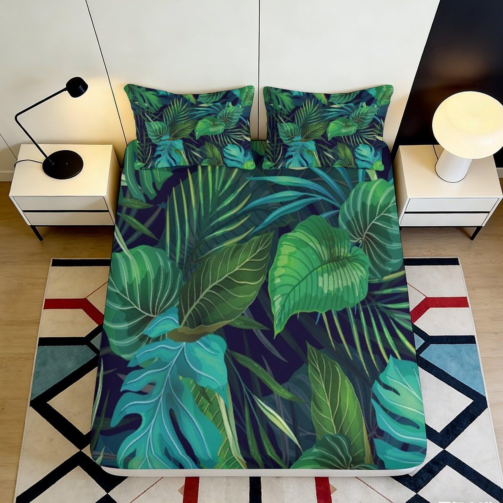 3D Printed Tropical Jungle Leaves Fitted Sheet Microfiber Soft Breathable Botanical Green Mattress Cover for Bedroom Guest Room Decor 160x200x25cm