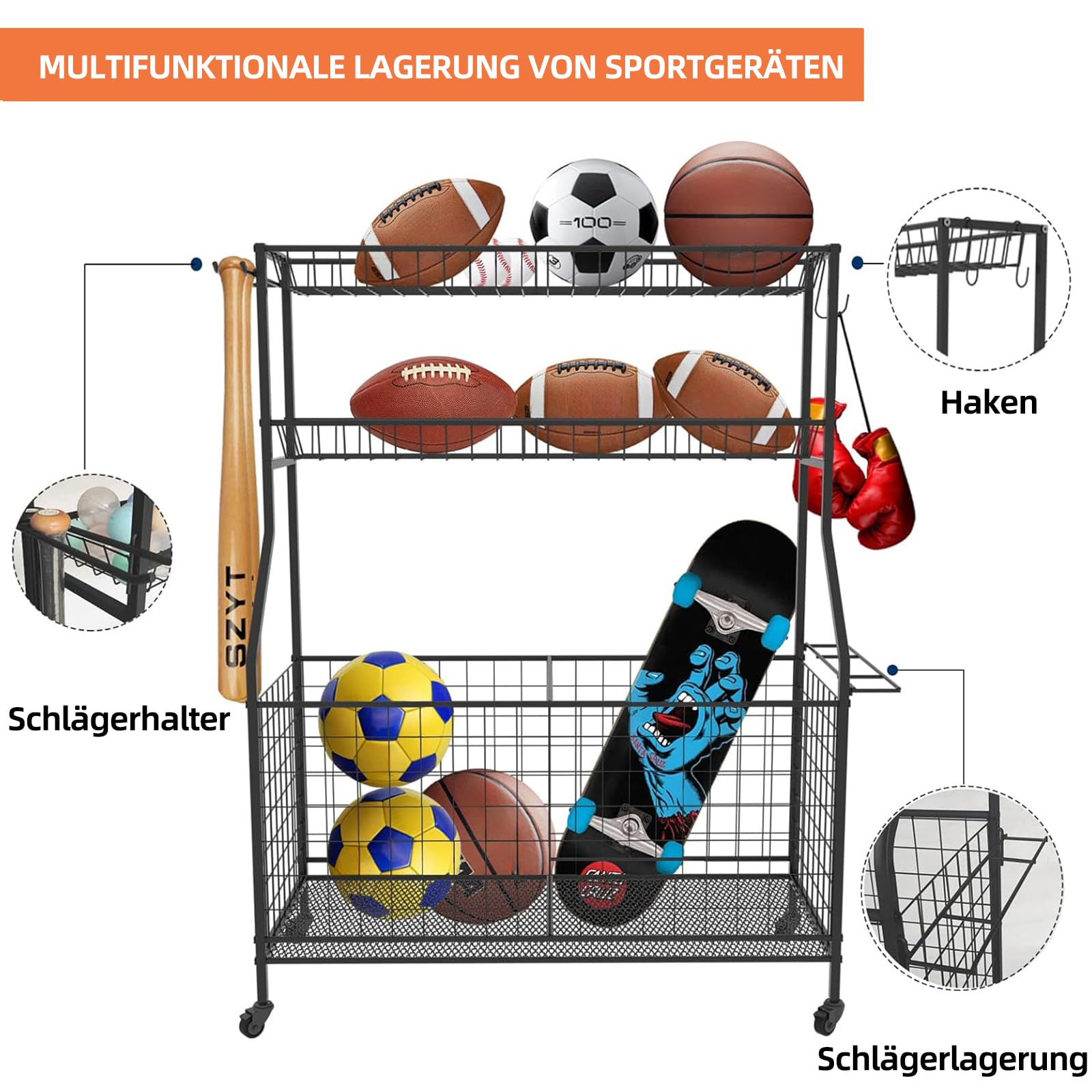 Sportgerätelagerregal aus Kohlenstoffstahl – 2 Körbe, 2 verschließbare Räder – Stabiler Organizer für Homegym, Garage, Schulsportartikel