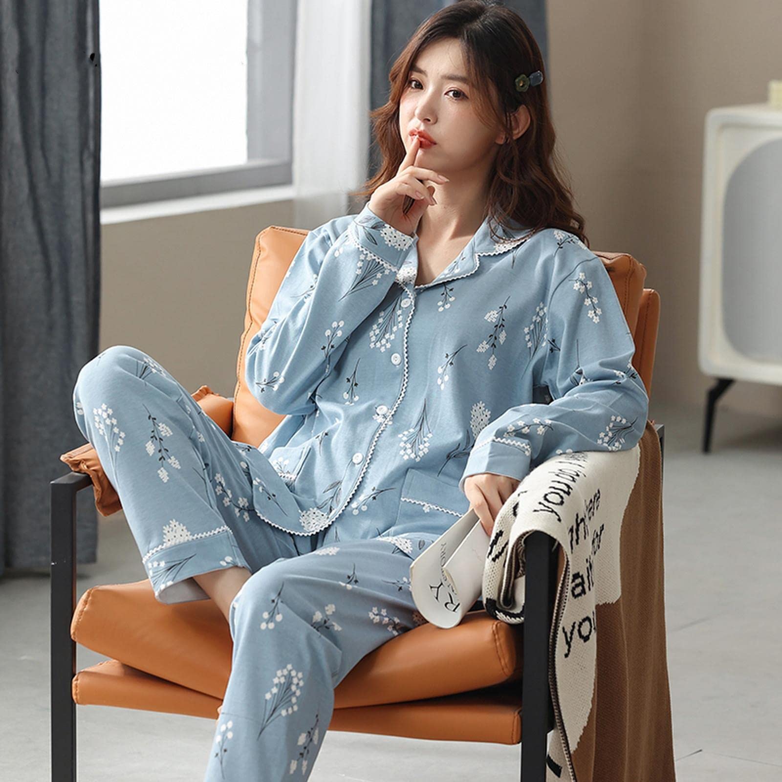 MOGSA Pijama elegante para mujer, cuello abatible, pijama floral para mujer, otoño e invierno, ropa de dormir de algodón de punto para mujer, como se muestra, Aisan XL, 60-70 kg