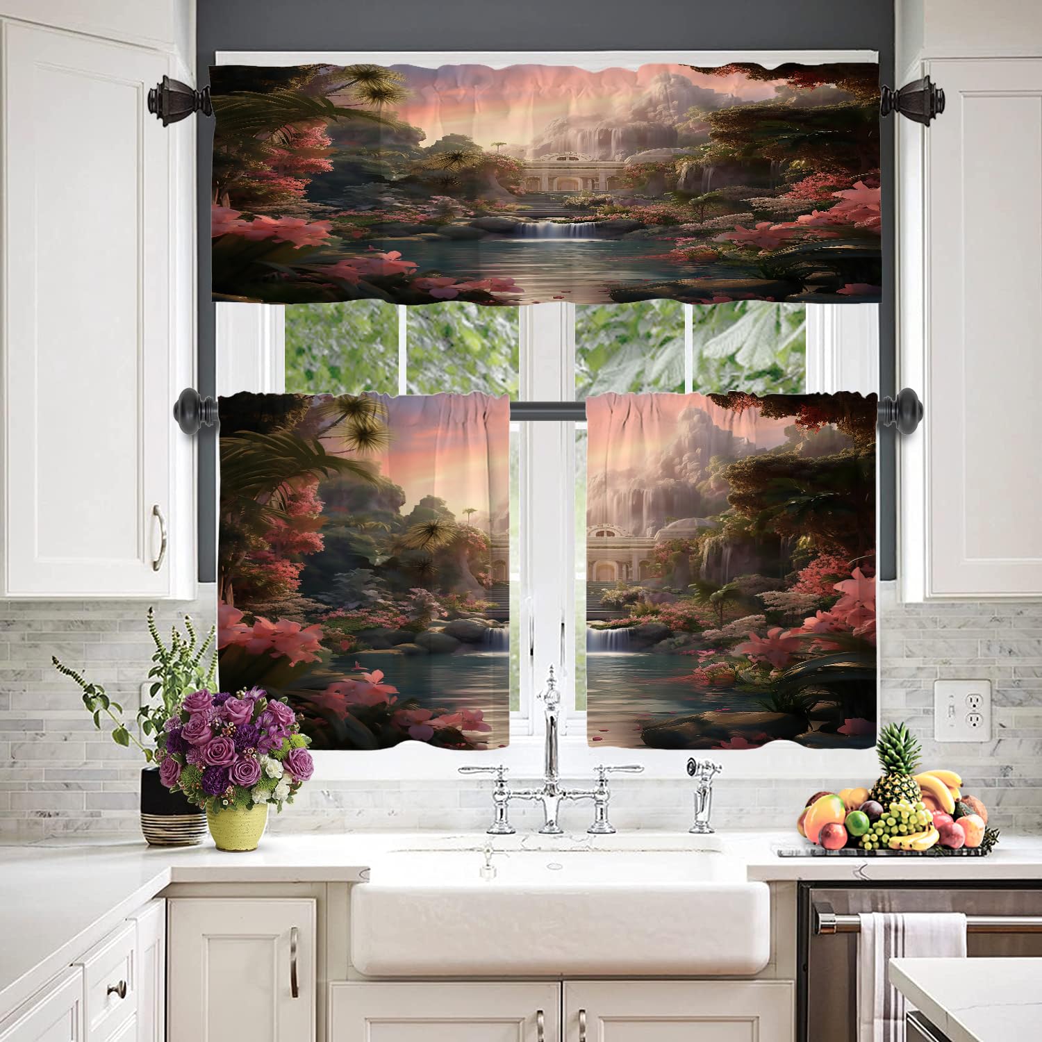BaoNews Tropical Paradise Ancient Architecture Waterfall Kitchen Tier Curtains Windows, Serene Tropical Haven Blackout Valances Multilayer Polyester Window Treatments Kitchen 2 Pack 26X24 Inches