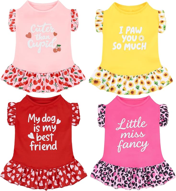 XPUDAC Paquete de 4 lindos vestidos para perros pequeños, vestido floral para cachorros, pollera para mascotas, trajes coloridos para cumpleaños, vacaciones, primavera, verano, ropa para mascotas para niñas, M
