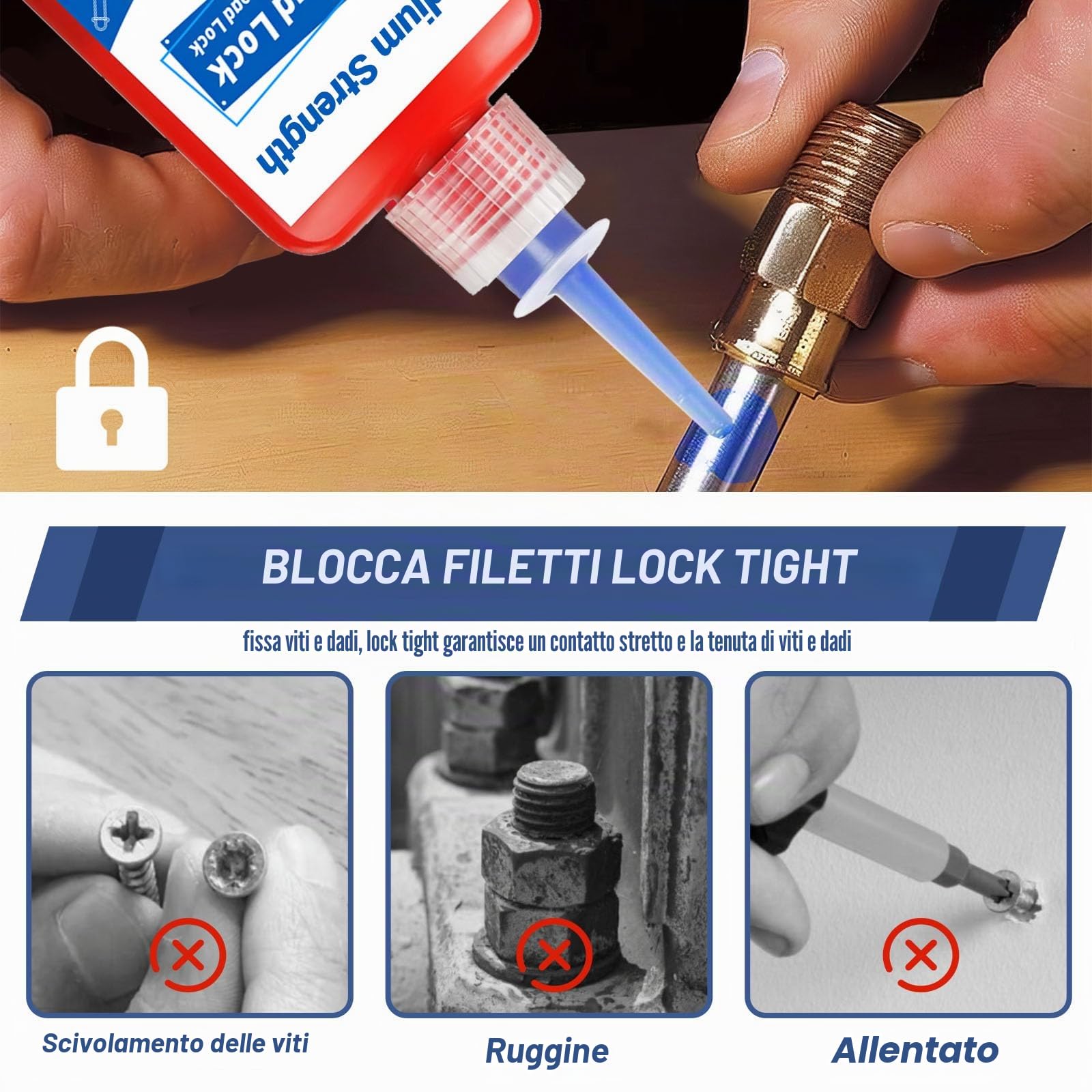 50 ml Frenafiletti Medio, Frena Filetti Blu a Media Resistenza, Blocca e Sigilla Dadi e Bulloni, Evita Allentamenti e Perdite, Stabile, Antiruggine | adesivo per viti per riempire spazi vuoti, fissare e sigillare dadi, bulloni, stabile e antiruggine, cont