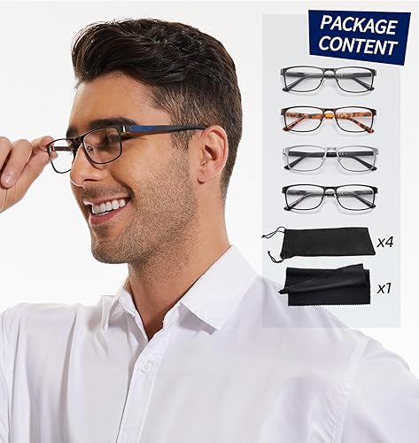 Miniatura 5 de JJWELL Paquete de 4 lentes de lectura para hombres, bloqueo de luz azul, lectores de marco completo de metal para hombres, antifatiga ocular,