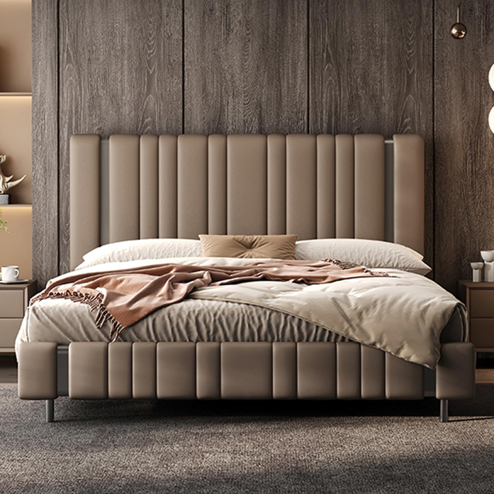 King Size Genuine Leather Wood Bed Upholstered Platform Bed Frame with Wingback Headboard and Storage Drawers Strong Wooden