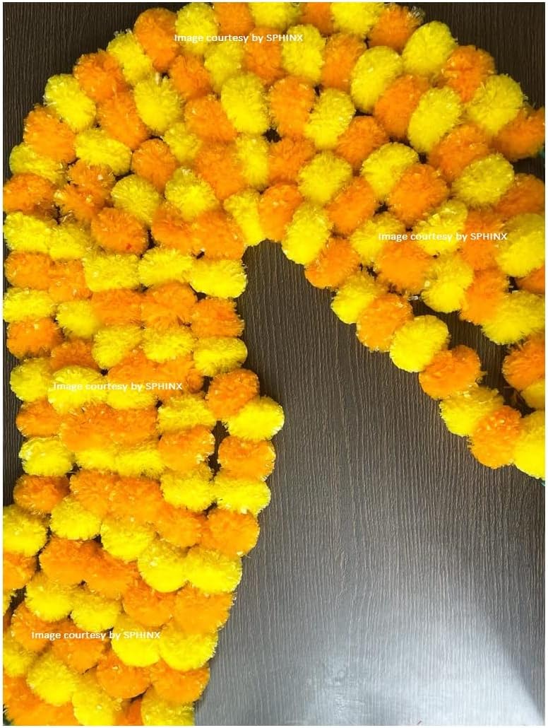 Sphinx Artificial Marigold Fluffy Flowers Garlands for Decoration - (Yellow & Light Orange, 5 Pieces)