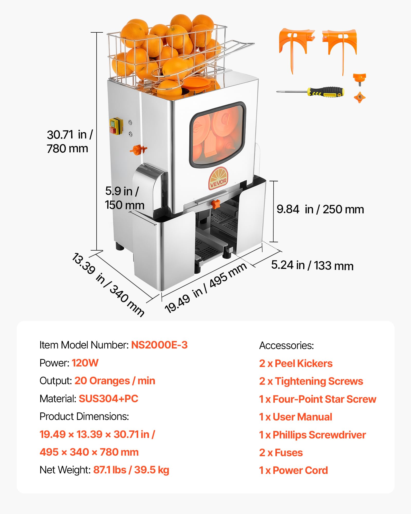 VEVOR Exprimidora de Naranjas Comercial 120 W Tapa de Acero Inoxidable, Eléctrica, Con 2 Recipientes Recolectores, Capacidad para Hasta 20 Naranjas por Minuto, Para Limones y Cítricos de 55-80 mm