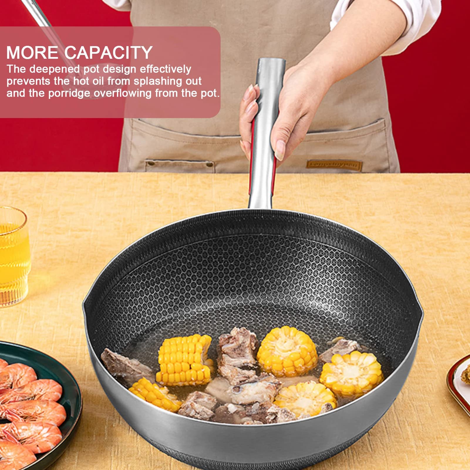 Wok Padella Antiaderenti, Multifunzione e AntiGraffio Wok Teglie, Wok Pentola per Friggere Facile da Pulire per Fornelli a Gas a Induzione Elettrica Forno (A 26cm)
